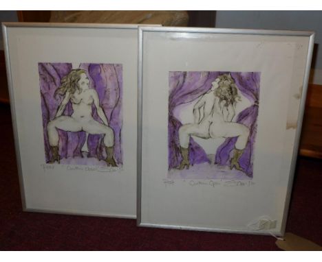 Two erotic hand-coloured etchings, 'Curtains Open', 'Curtains Closed', artist's proofs, signed and dated '01 in pencil to low