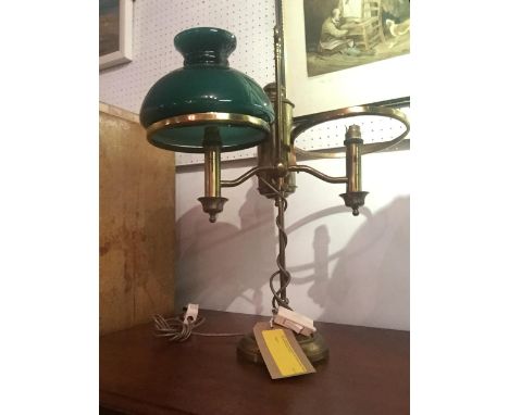 A Victorian style table lamp with a single glass shade, converted to electricity, H.57cm (a/f) 