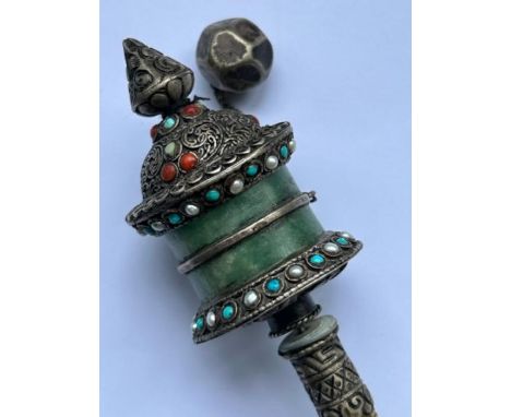 A 19th cent Chinese prayer wheel mounted with jade and bone handle&nbsp;