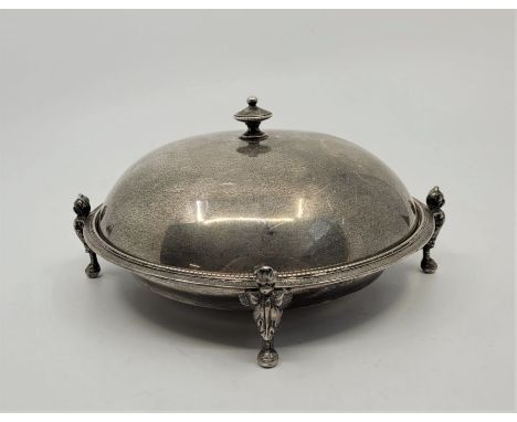 A Victorian silver circular dish and cover, by Elkington & Co, London 1874, having beaded rin, raised upon four stylised bird