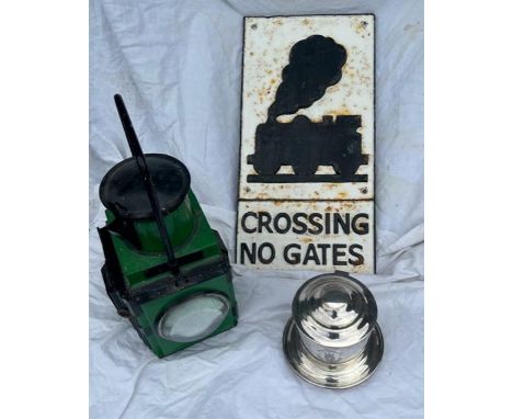 A Railway lamp, sign and Railway interest silver plated biscuit tin