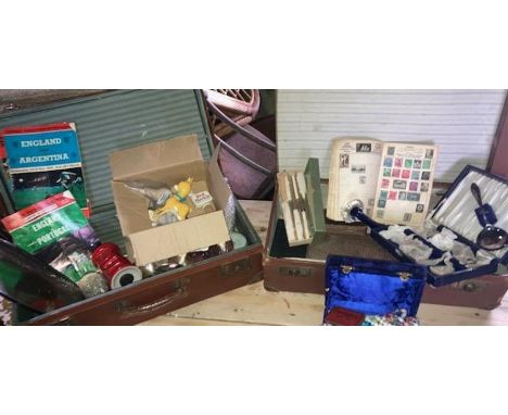 A large miscellaneous collection stamps, cases silver plate football programmes glass and a ladder