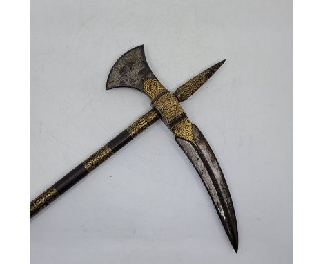 A fine quality gilt decorated Indo-Persian 18th century Islamic battle axe, length 57.5cm