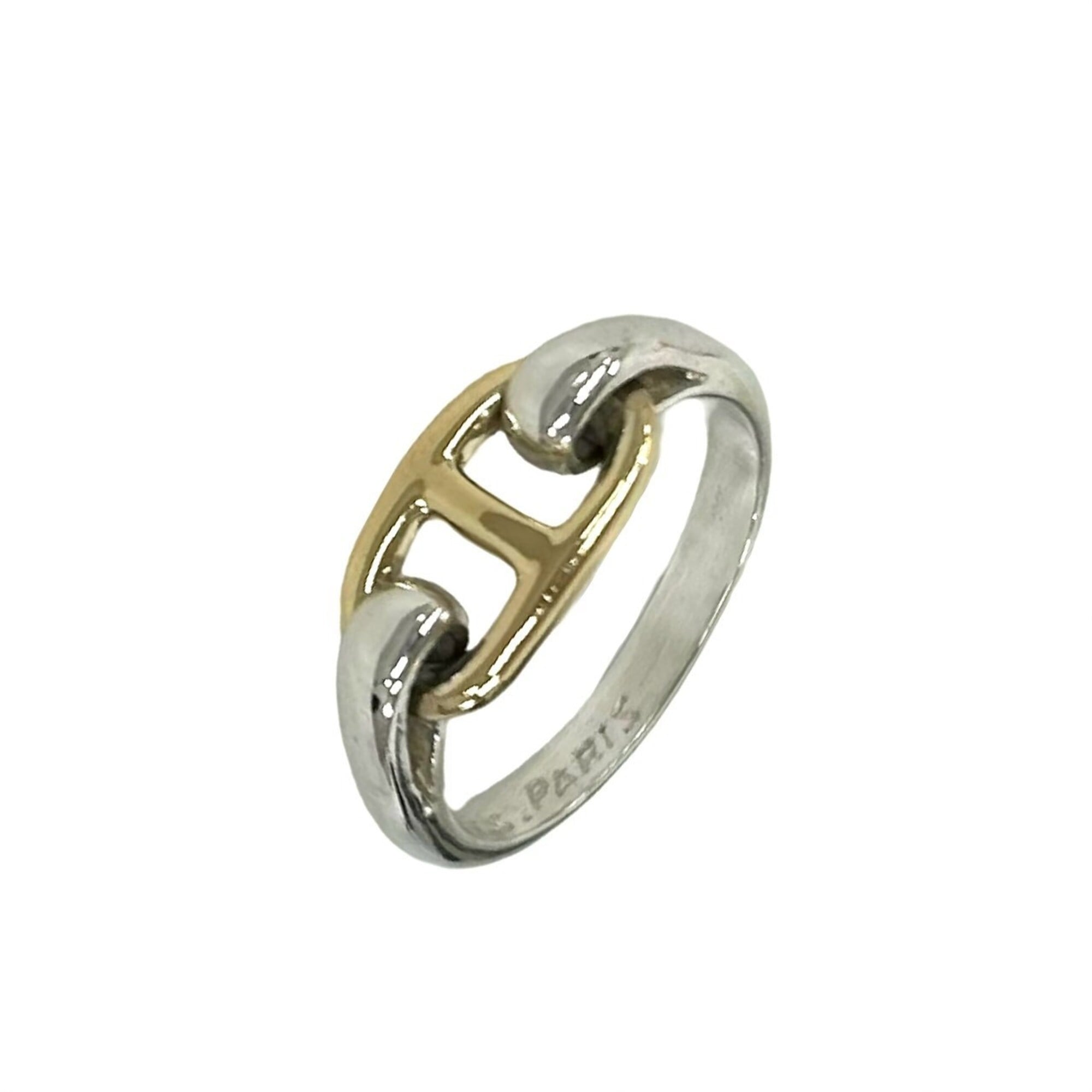HERMES Vintage Chaine d\'Ancre Ring, Sterling Silver 925, 18K 750YG, and Yellow Gold, 427-6
