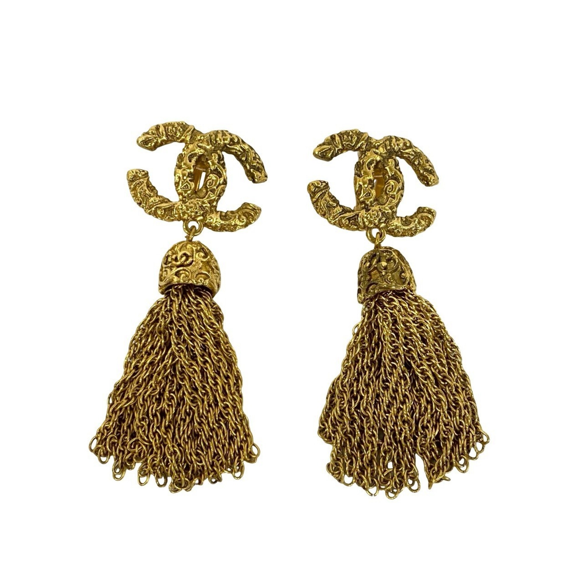 CHANEL Vintage Coco Mark Tassel GP Earrings, Gold, Accessory, 497cd