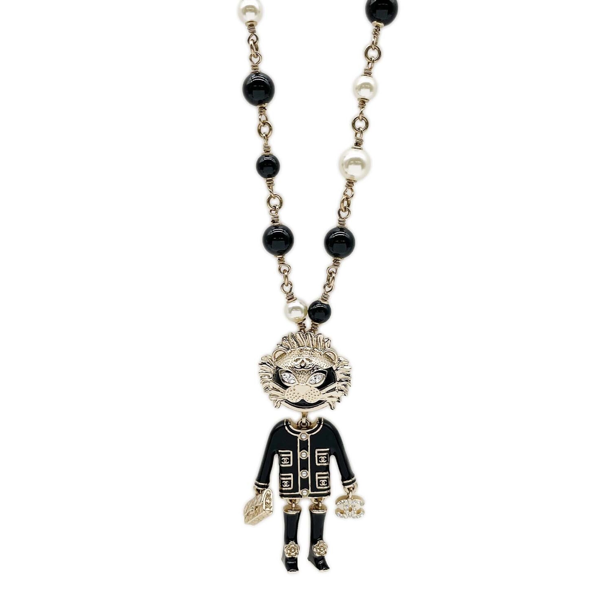CHANEL Lion Swing Pearl Long Necklace, Bicolor, B22P, Metal, Black, Men\'s & Women\'s