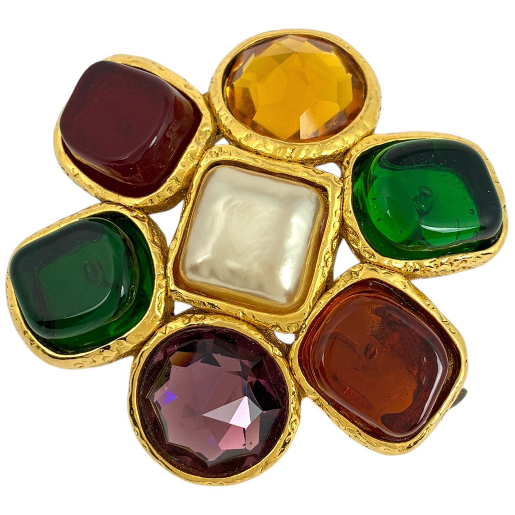 Chanel brooch, Gripoix, GP, faux pearl, colored stone, rhinestone, gold, white, green, women\'s.