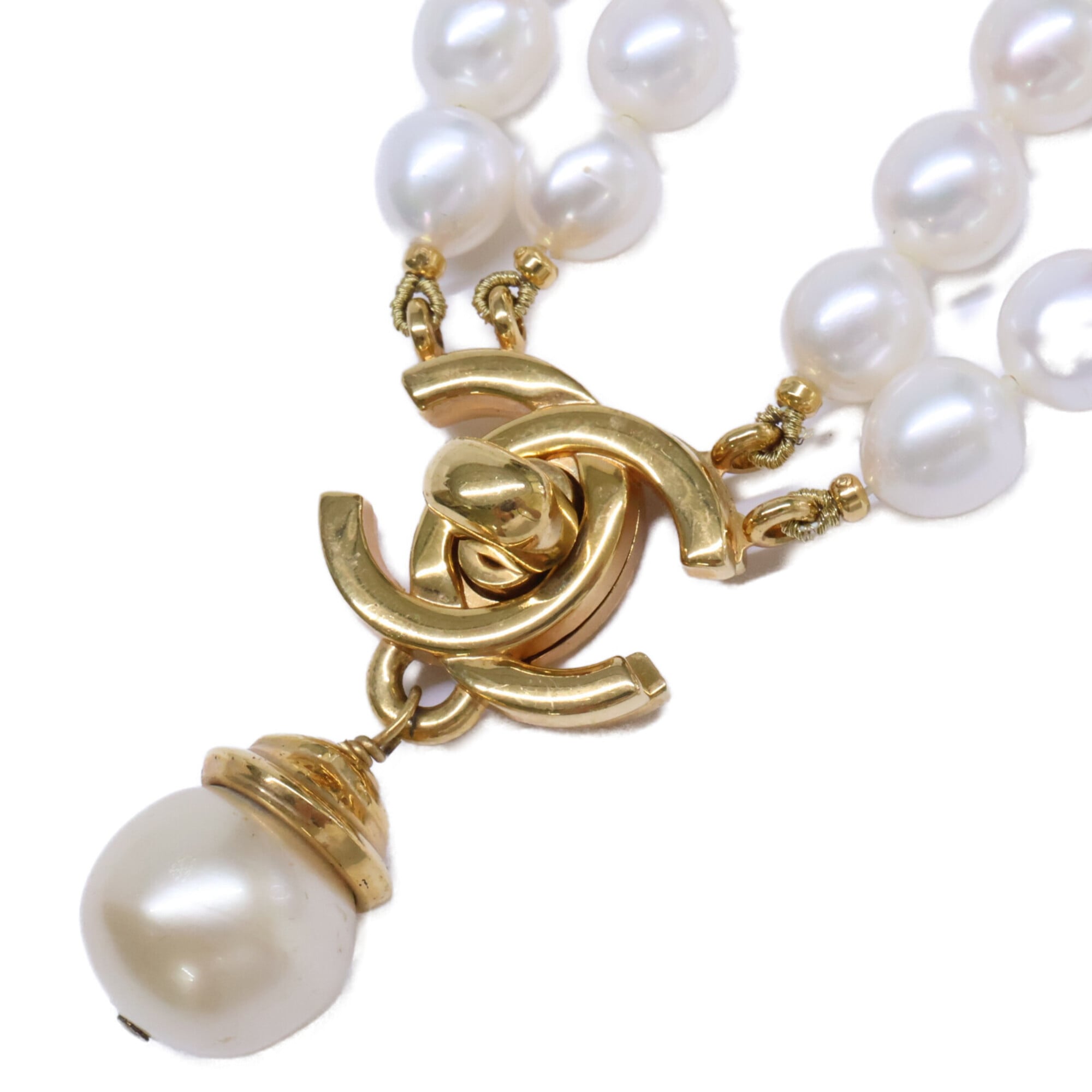 CHANEL 96A Coco Mark Turnlock Double Strand Baroque Pearl Necklace Gold Women\'s