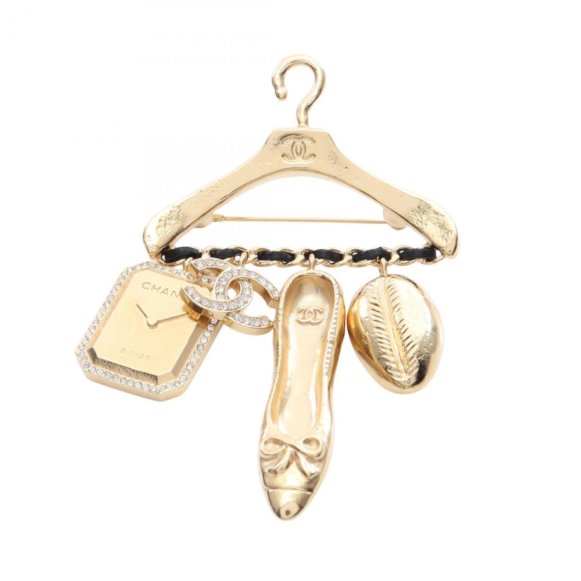 CHANEL Coco Mark Hanger Motif Brooch Accessory, GP (Gold Plated) Leather, Women\'s, Gold and Black
