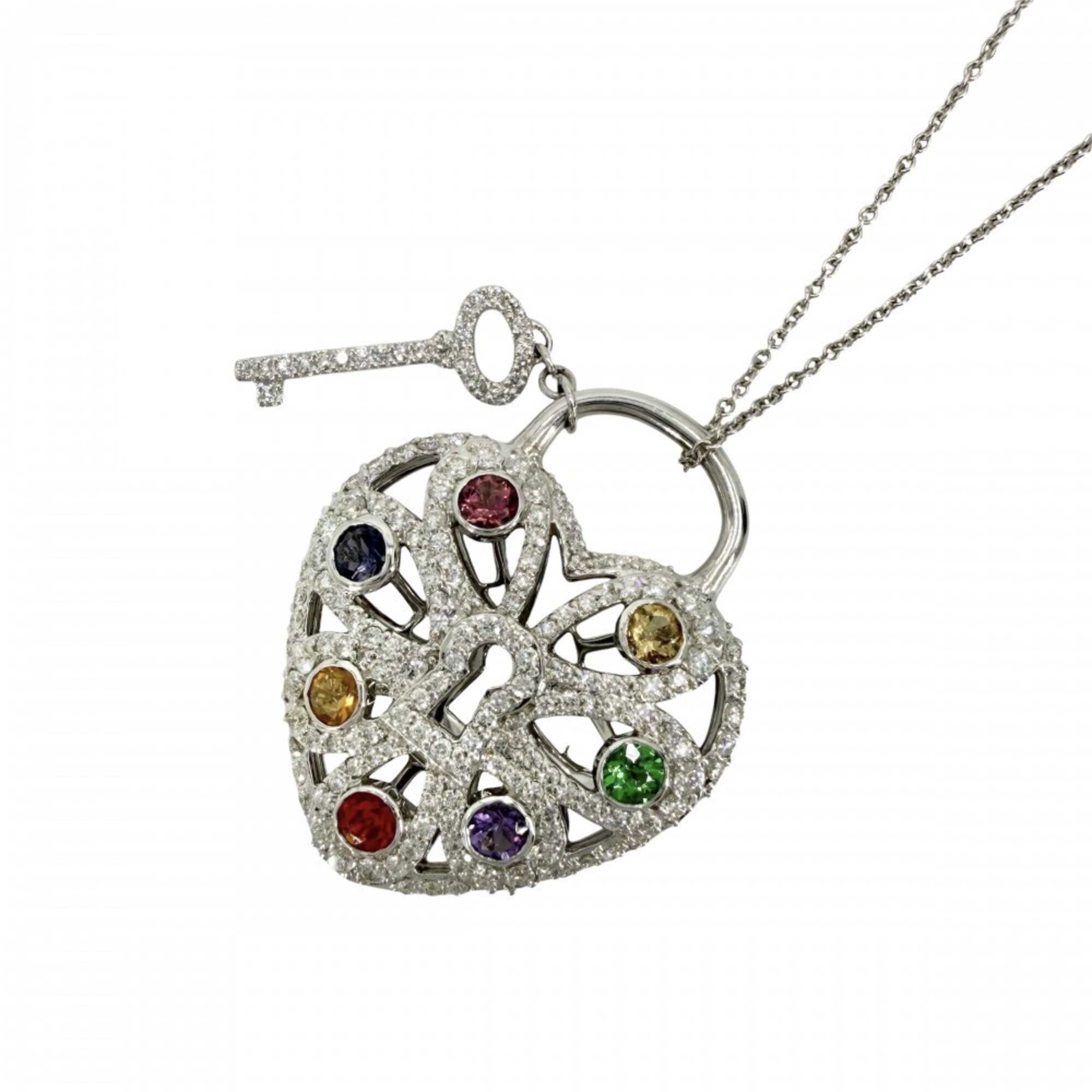 Tiffany & Co. Women\'s Necklace, Filigree Padlock Motif, Heart Design, 18K White Gold (750), Diamond
