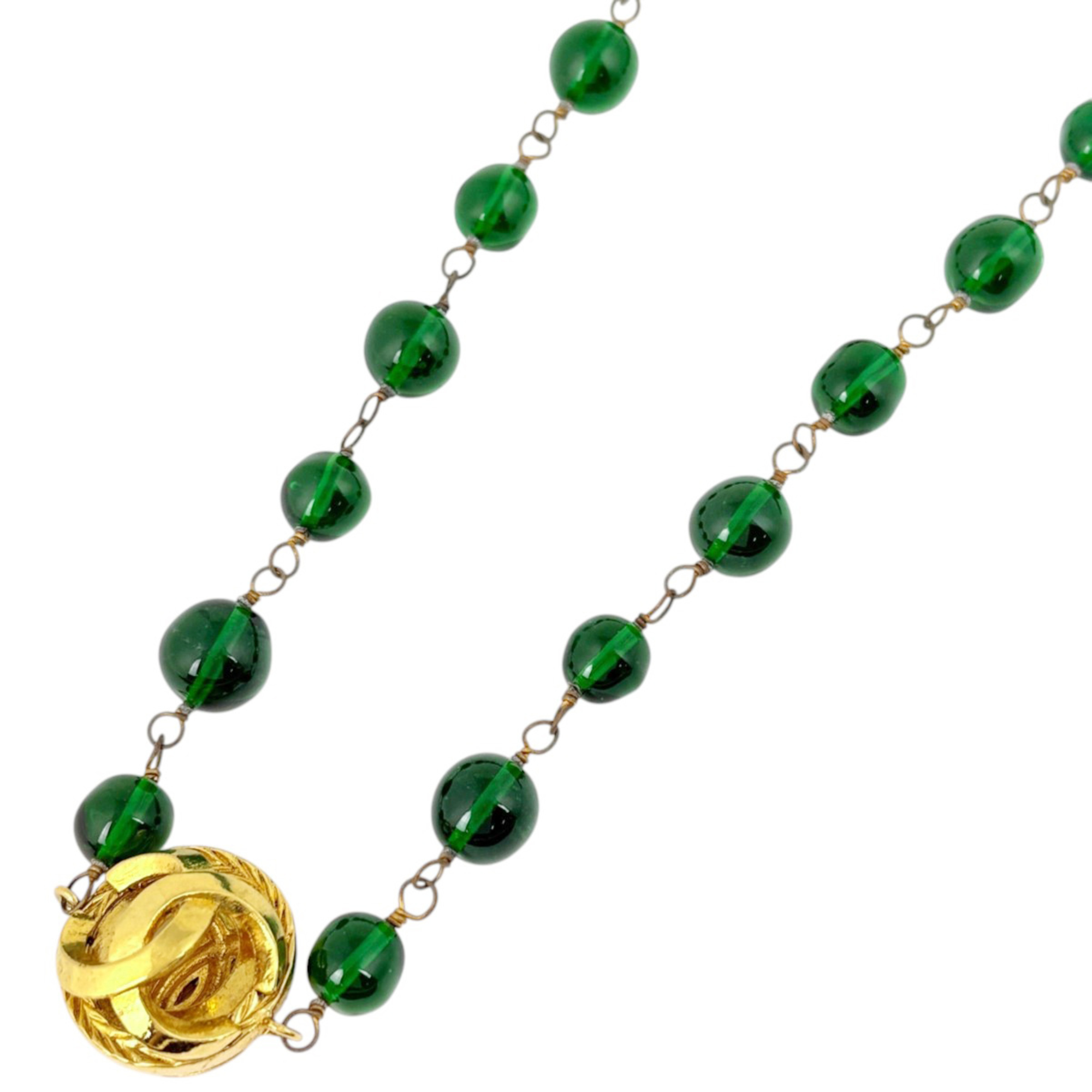 Chanel necklace, Coco Mark, colored stone, long, GP gold, green, women\'s.