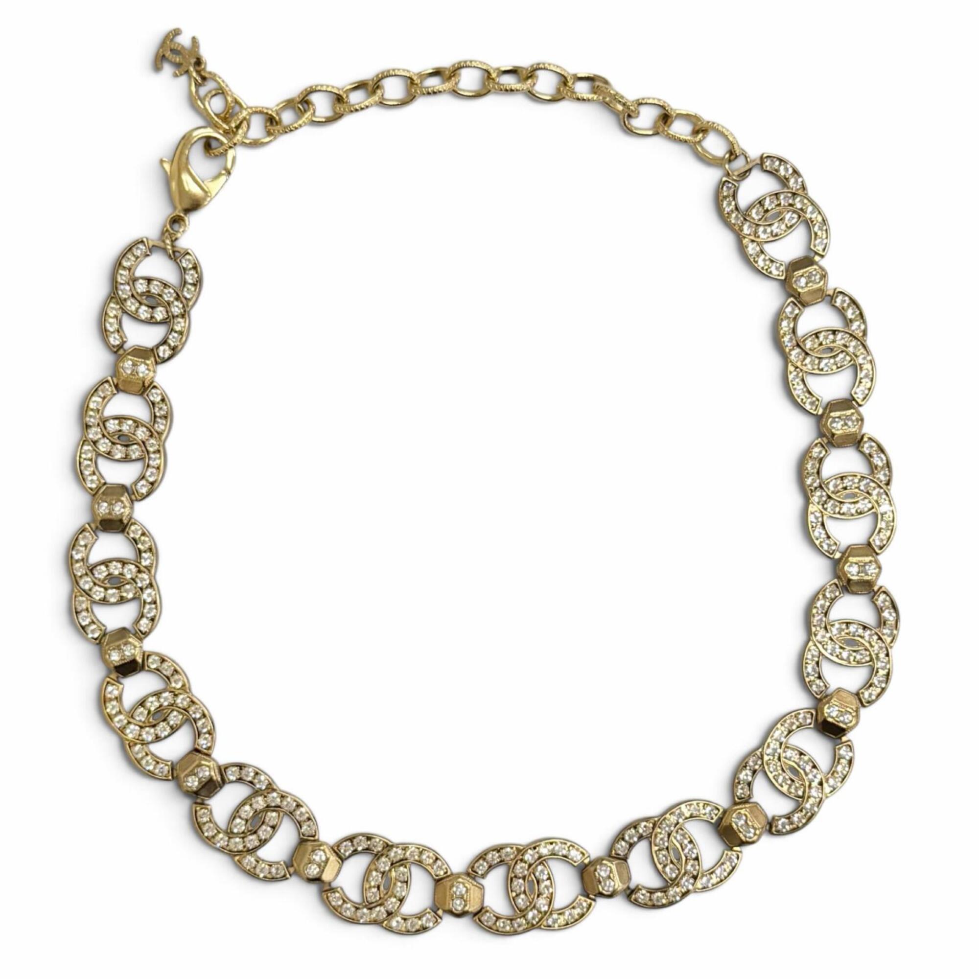 CHANEL A21V Coco Mark Rhinestone Choker Necklace, Gold, Made in France, Women\'s, with Box