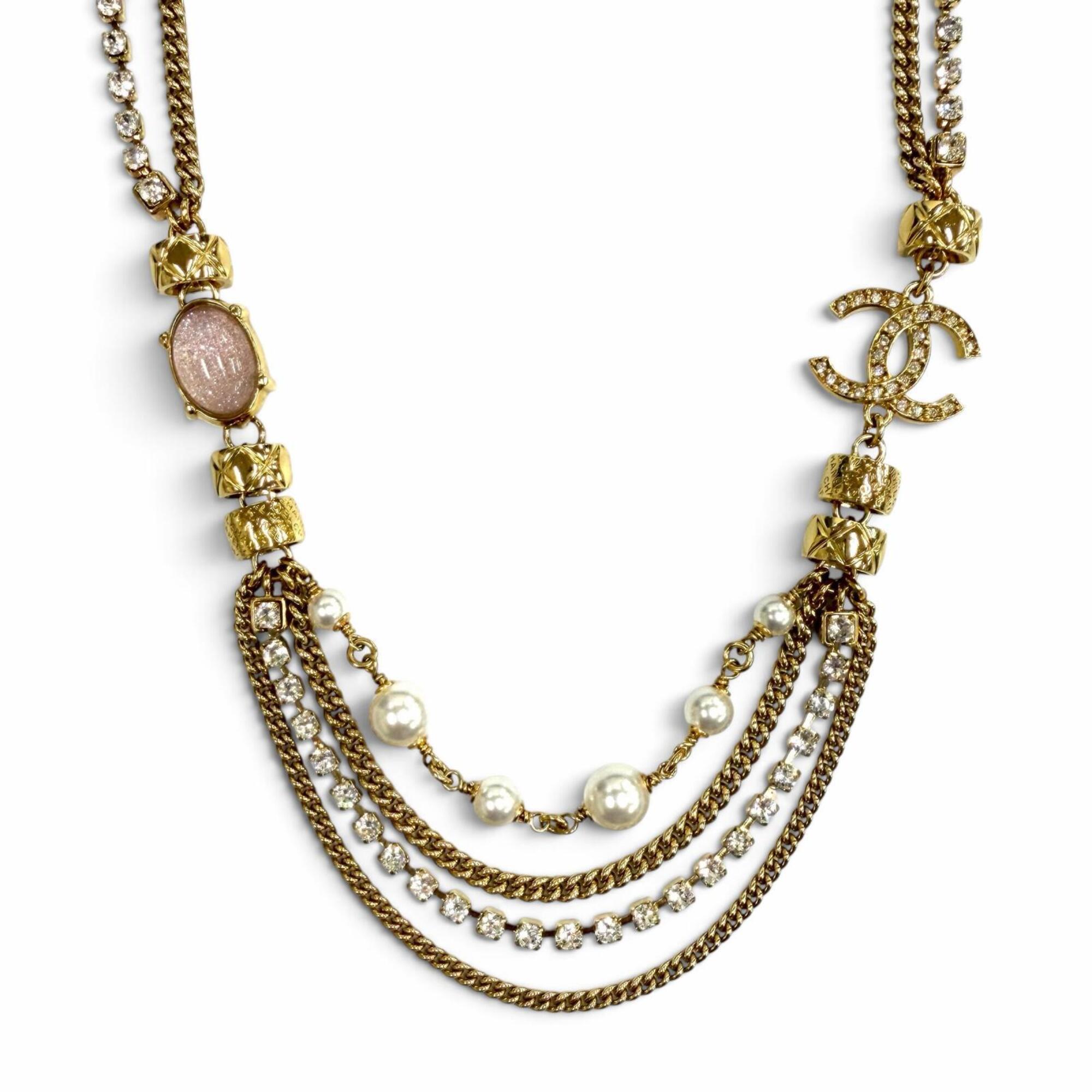 CHANEL C24P Coco Mark Eco Pearl Stone Crushed Logo Chain Necklace, Gold, Pink, White, Made in France