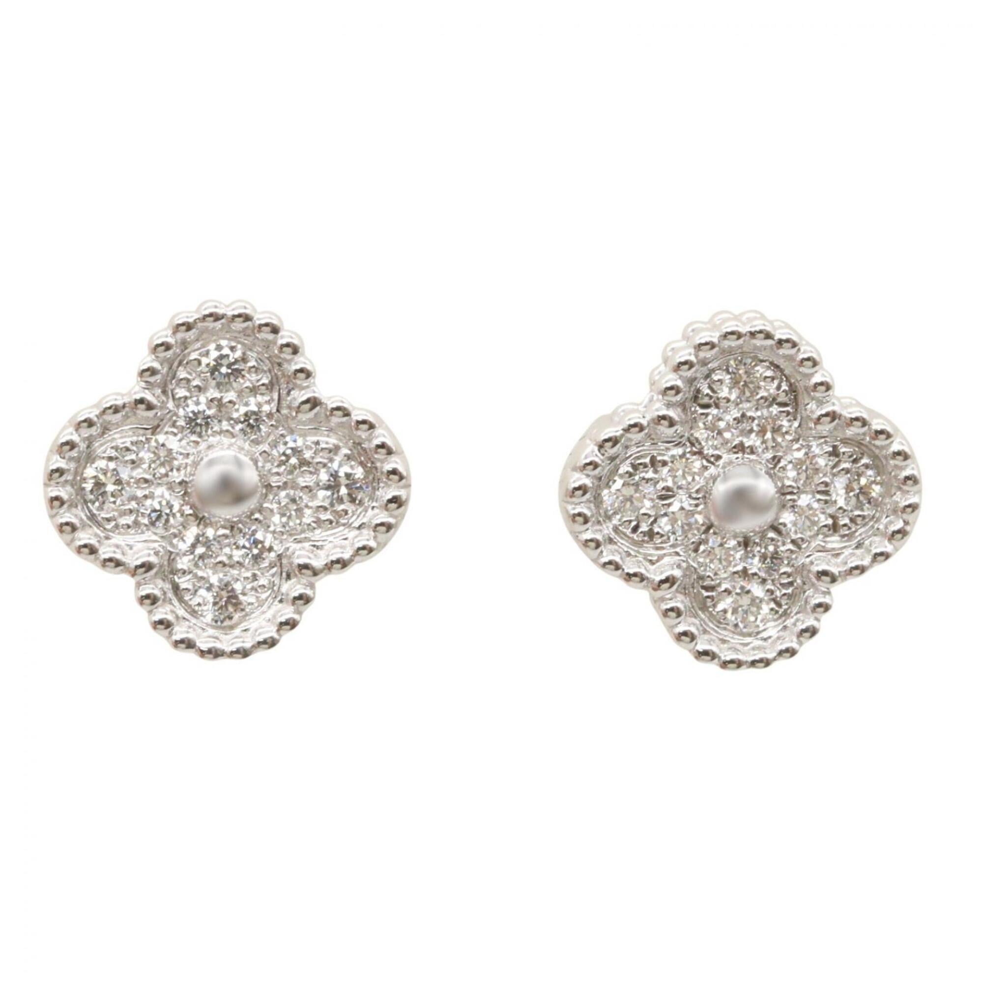 Van Cleef & Arpels Sweet Alhambra Diamond Earrings, 18K White Gold (18KWG), Silver/Clear Tone, VCARO