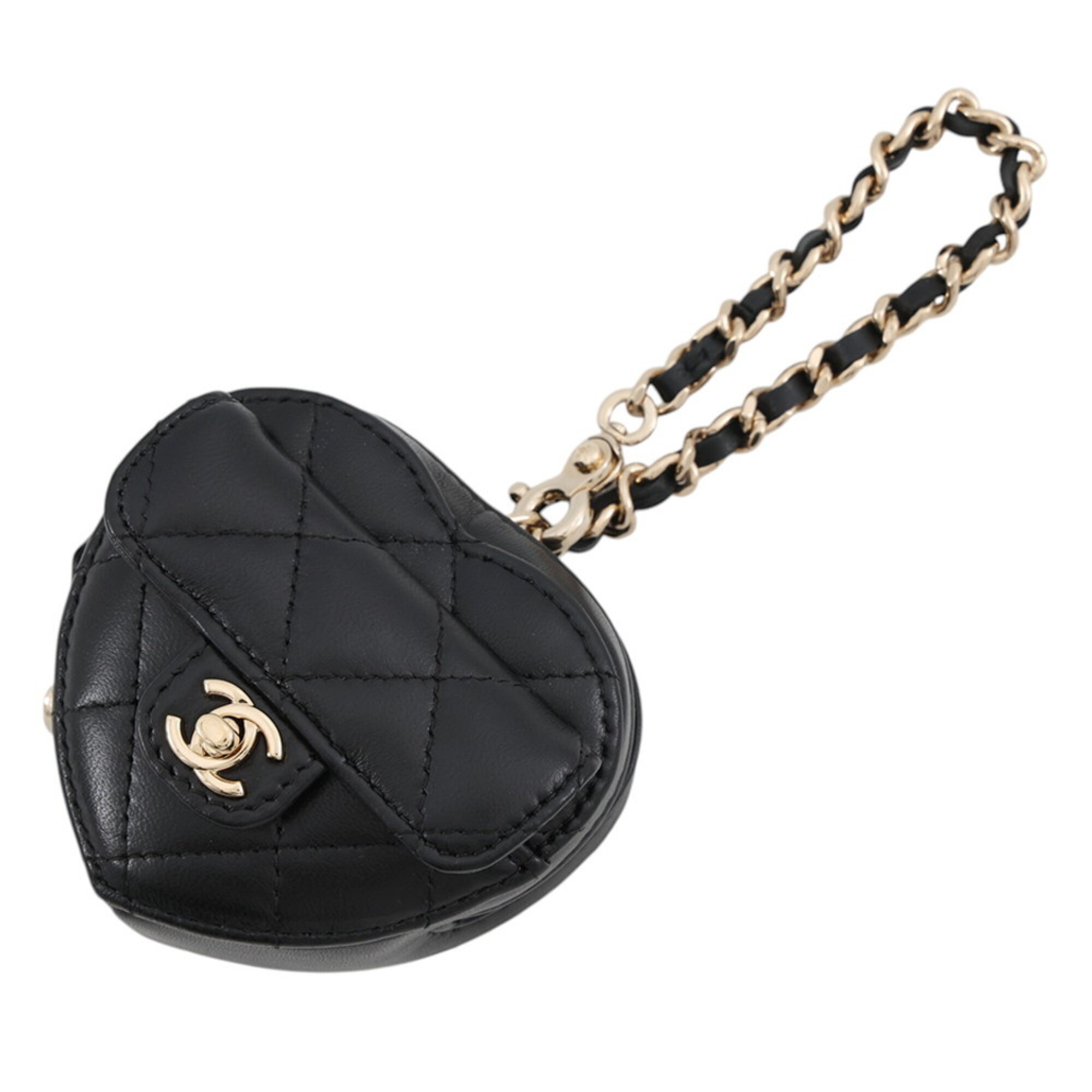 Chanel accessory bag charm, MatelassŽ heart mini lambskin AP4838, black. handbag pouch.