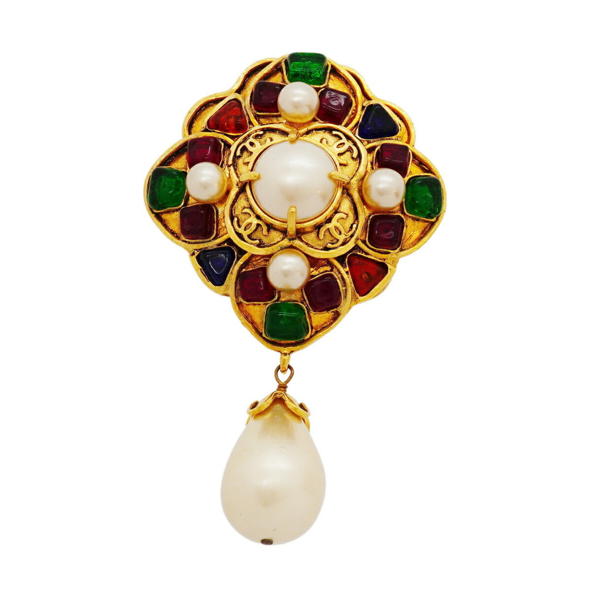 Chanel Brooch, Coco Mark, GP Plated, Faux Pearl, Gripoix Gold, Multicolor, Women\'s