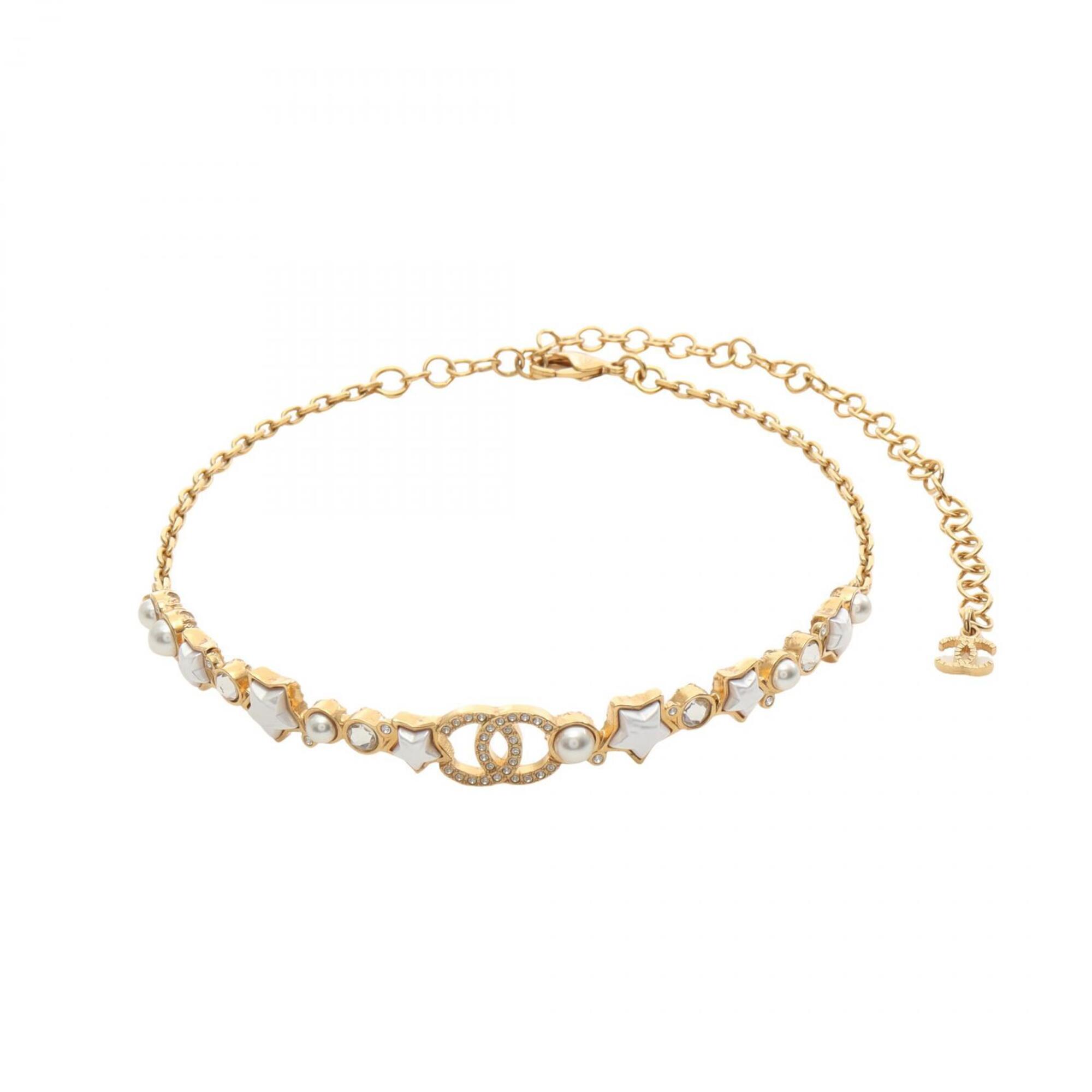 Chanel Coco Mark Star Choker Accessory, Gold Plated (GP), Faux Pearl, Rhinestone, Women\'s, Gold, Wh