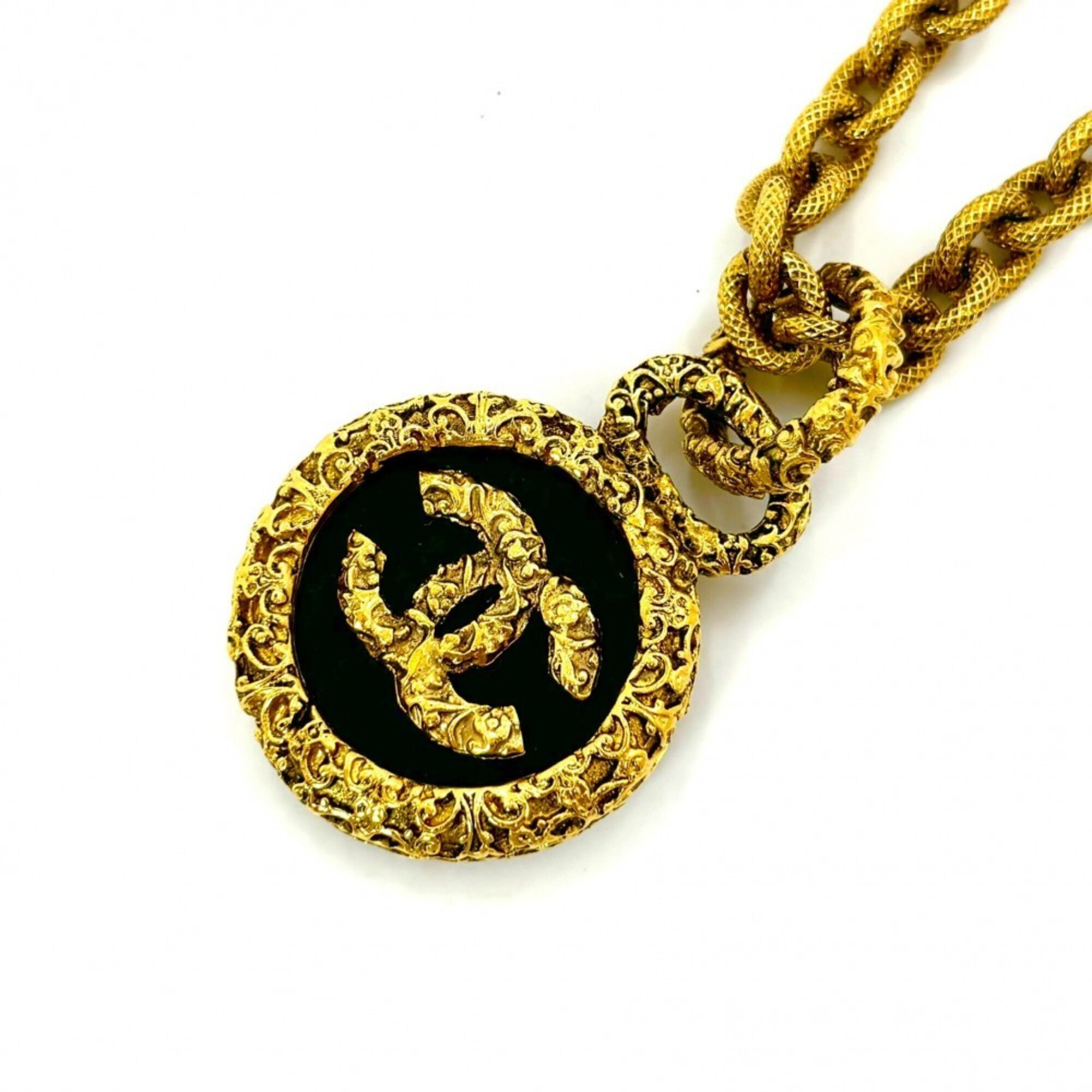 Chanel Women\'s Necklace, Coco Mark, Lava/Magma Design, Long Gold, CHANEL GP 93A, Black, Approx. 123