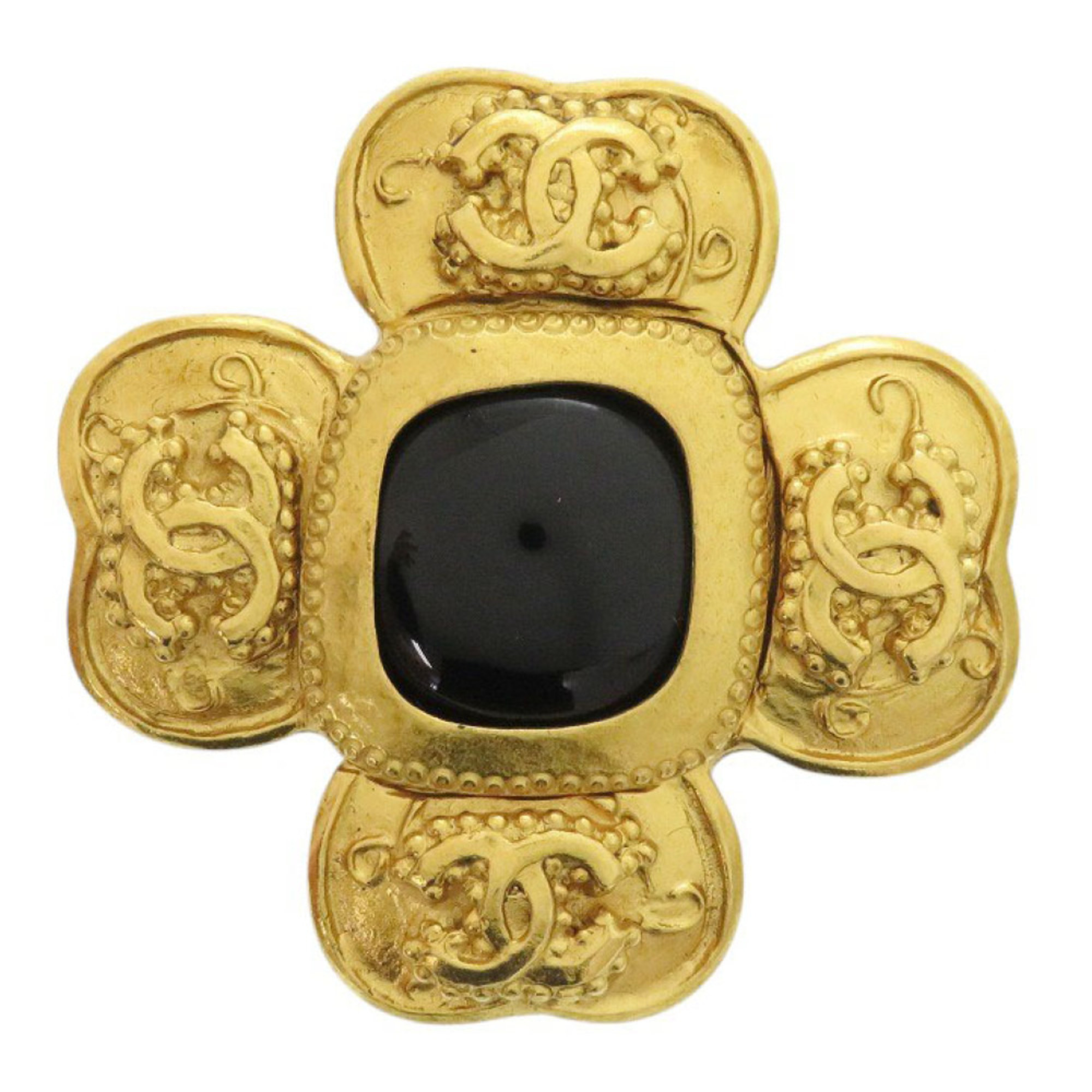 Excellent condition Chanel Coco Mark Vintage 96A Clover Stone Metal Gold Brooch 1481CHANEL