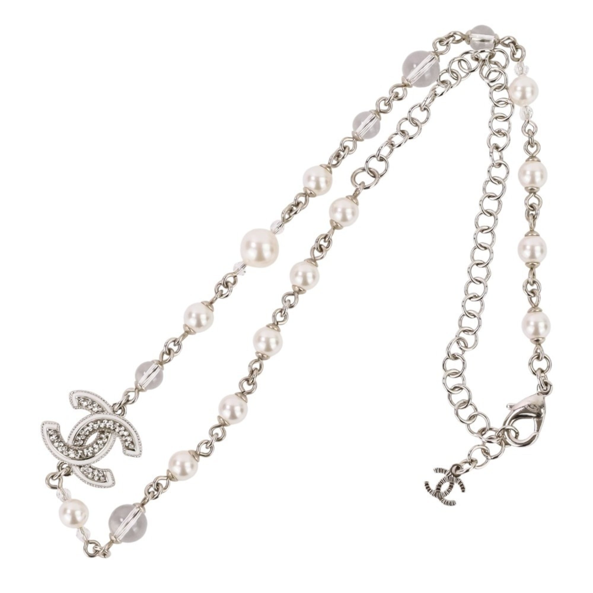 A25C CHANEL Rhinestone Coco Mark Pearl Necklace, Silver/White, Women\'s