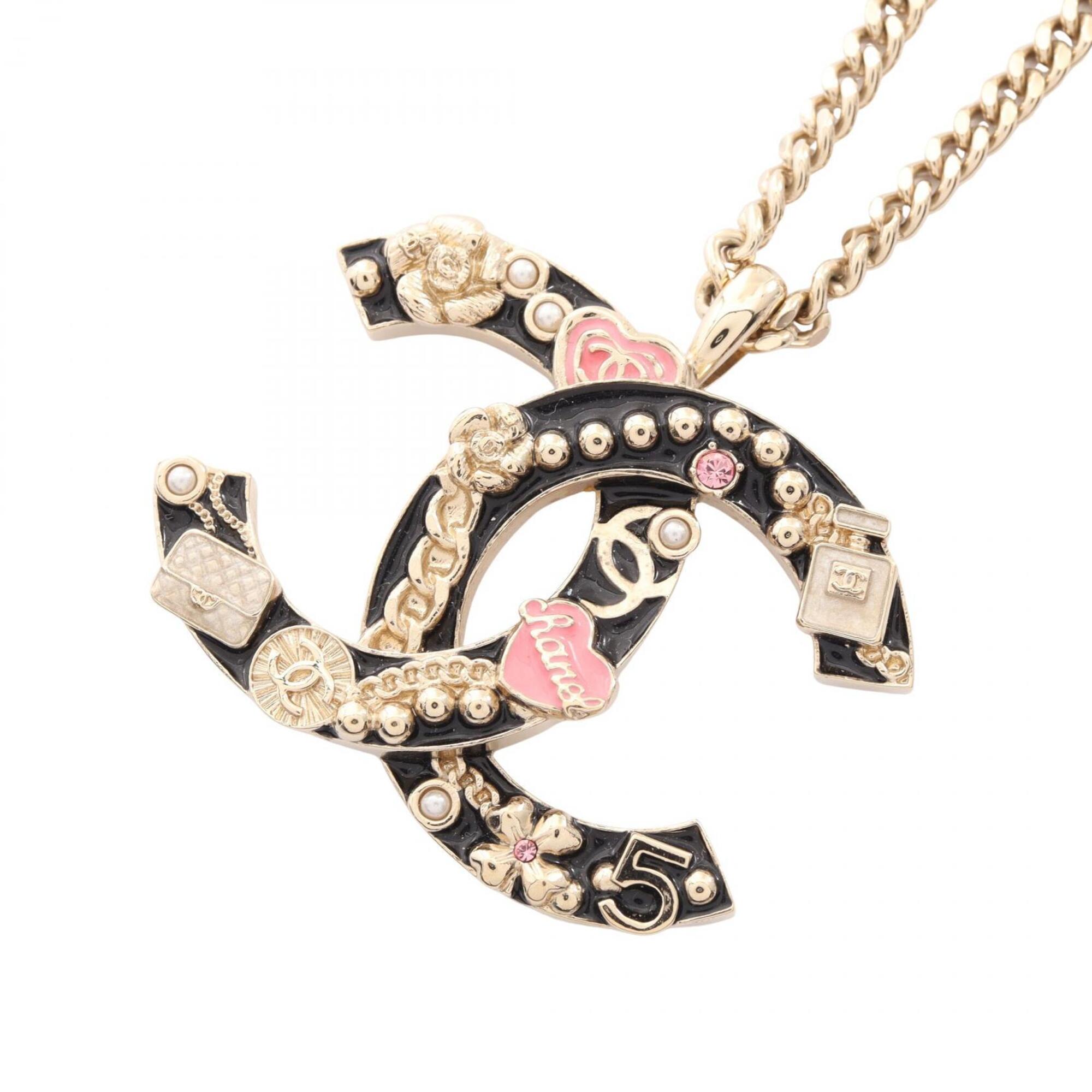 Chanel B24P Coco Mark Icon Motif Necklace Jewelry GP (Gold Plated) Women\'s Gold, Black, Pink