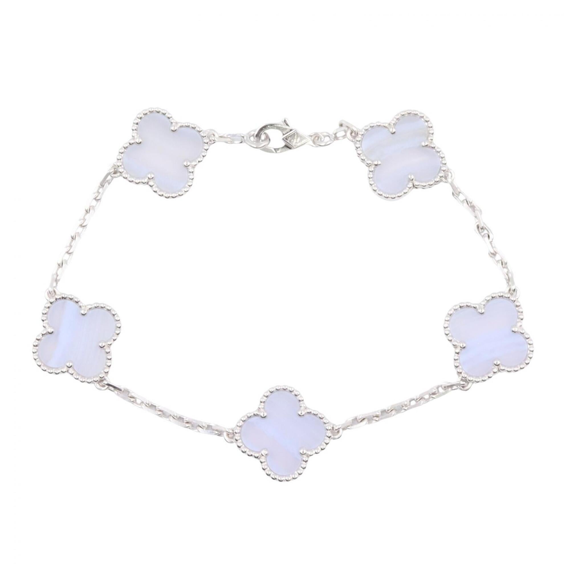Van Cleef & Arpels Vintage Alhambra 5-Motif Bracelet, 18K White Gold (18KWG), Chalcedony, Women\'s,