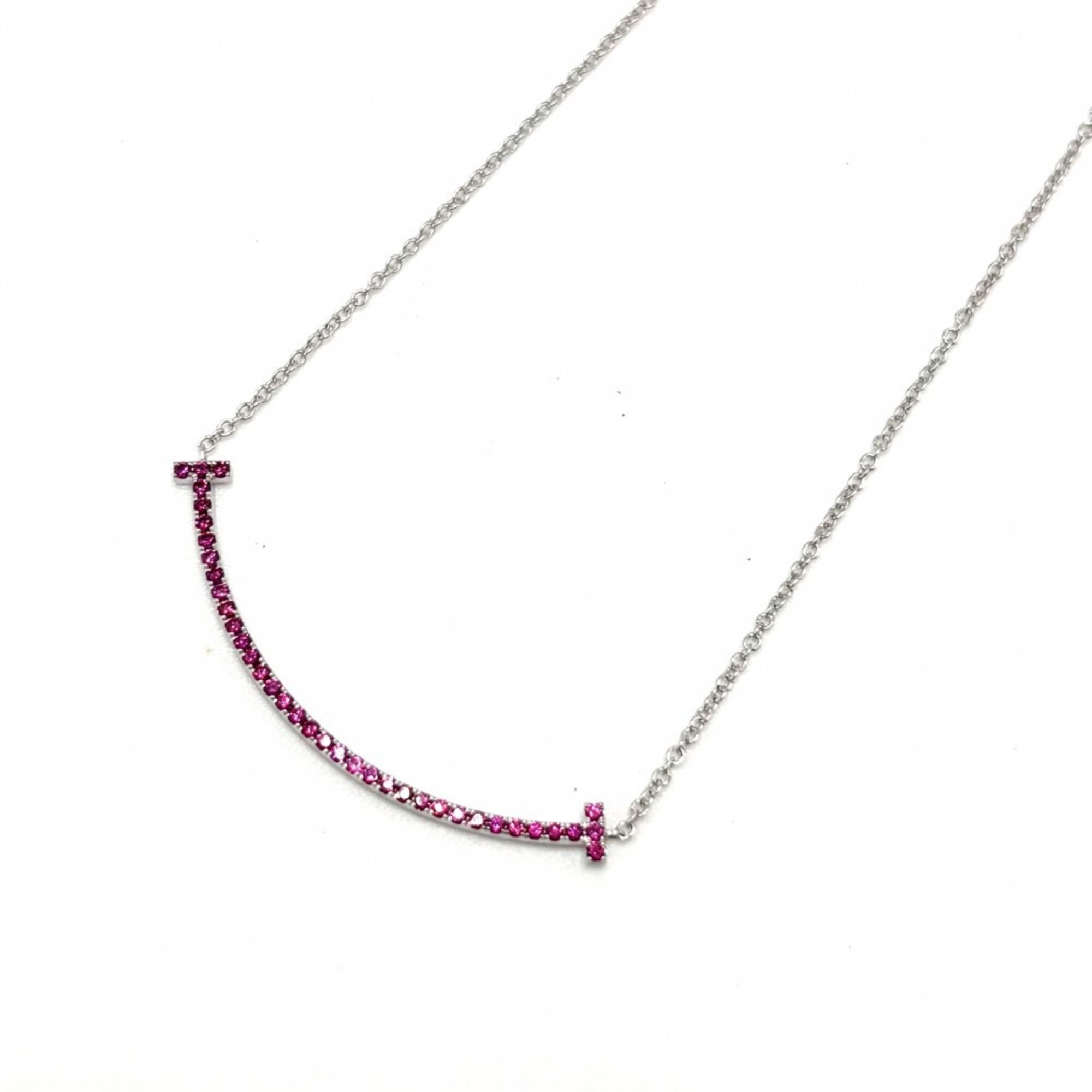 Tiffany & Co. T Smile Small Pendant Necklace for Women, Adjustable, 18K White Gold (750), Pink Sapph