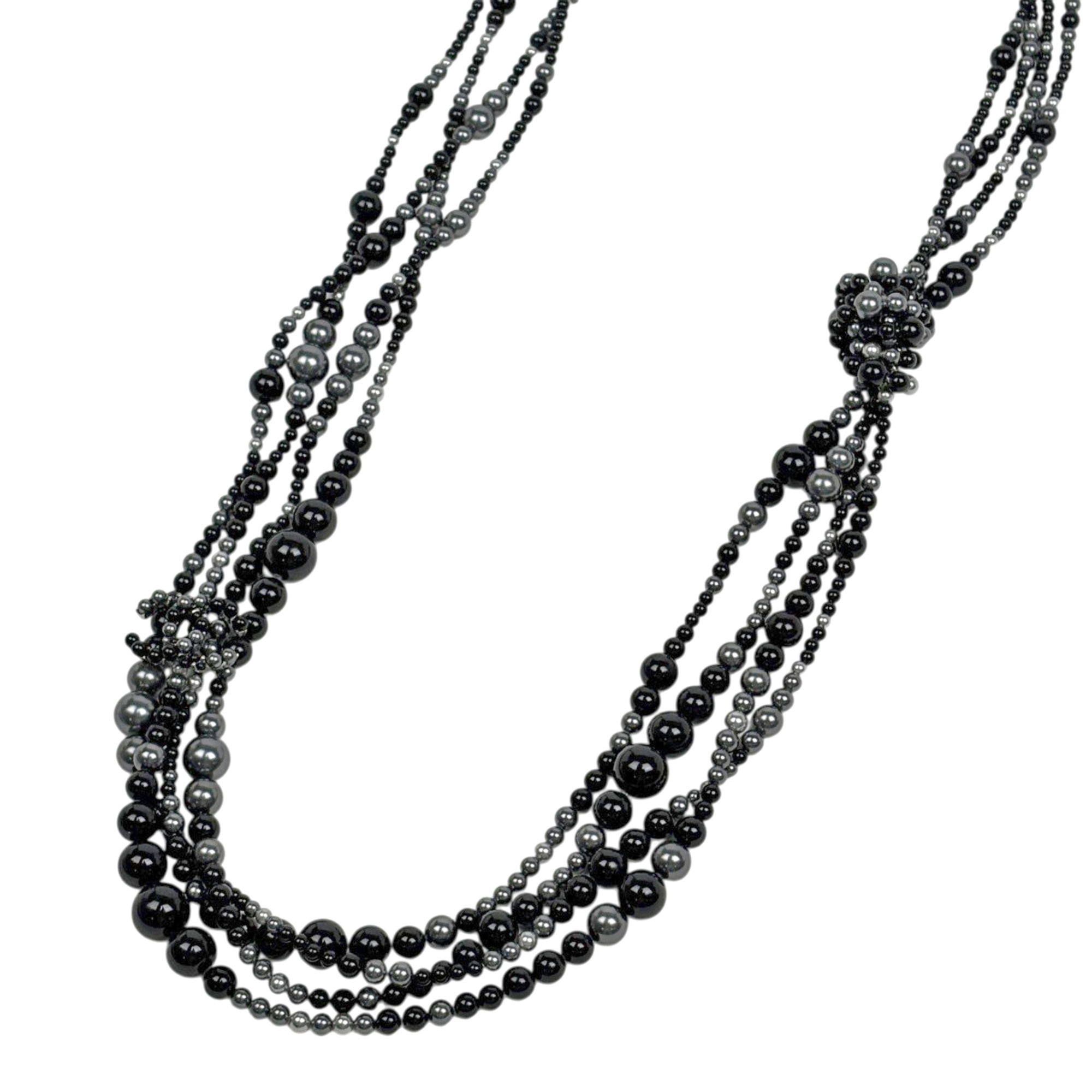 Chanel necklace, Coco Mark design, 4 strands, faux pearls, metal, black, silver, women\'s.