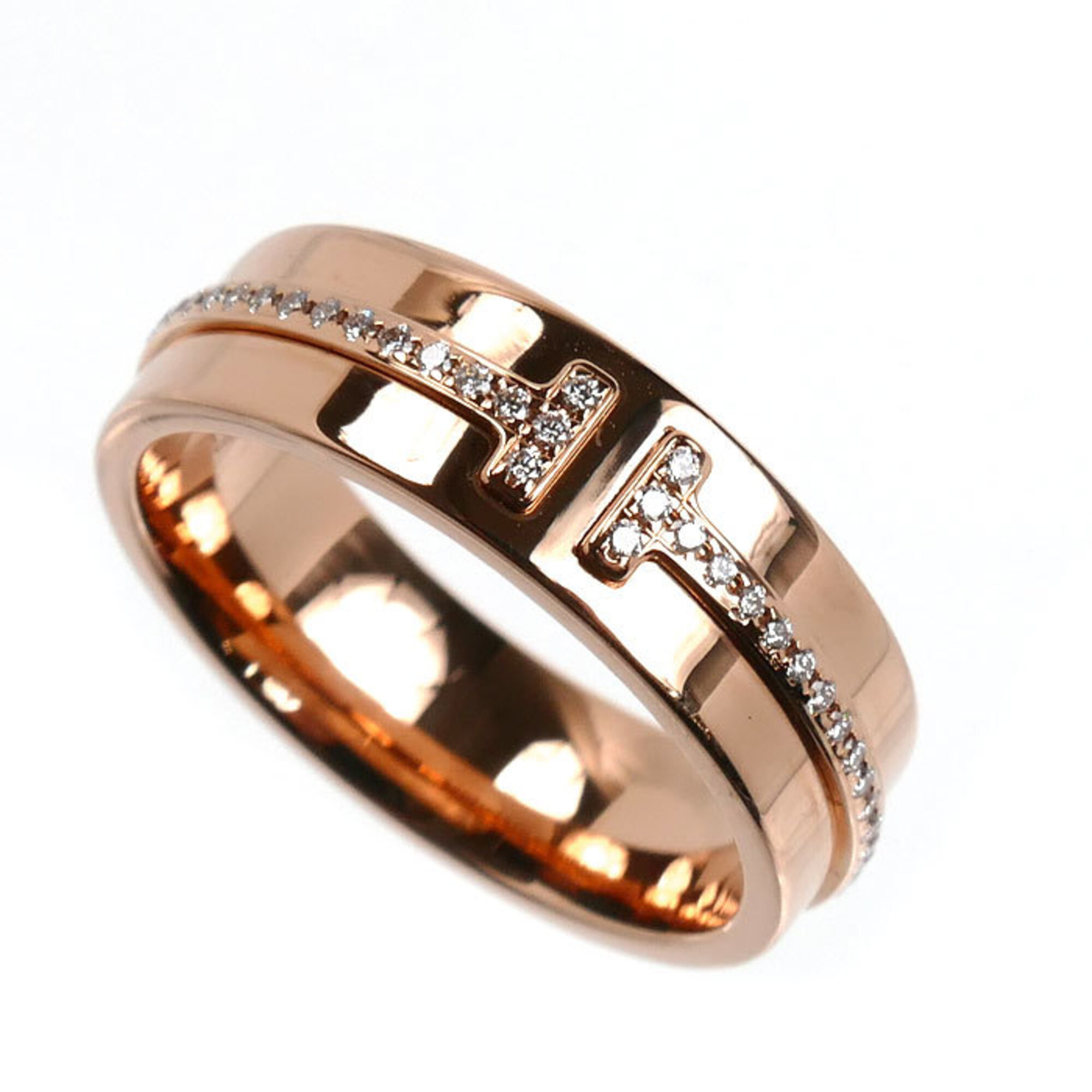 TIFFANY&Co. Tiffany 18KPG Pink Gold T Two Narrow Wide Ring with Diamonds, 6.7g, Women\'s