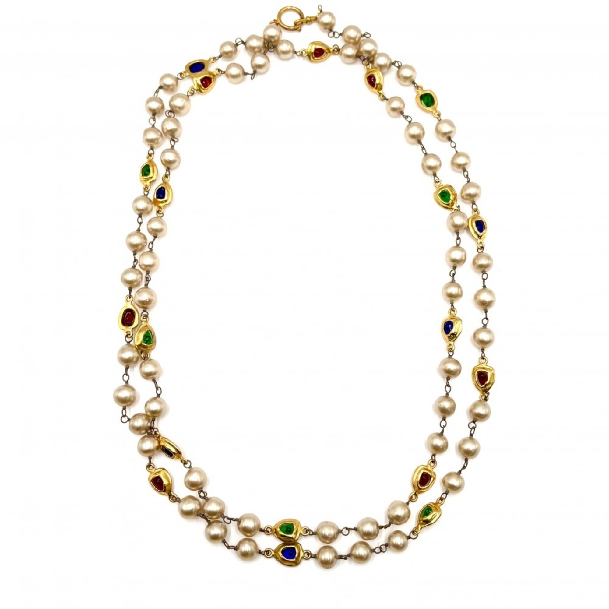 Chanel Women\'s Long Necklace, Gripoix, Vintage Accessory, CHANEL GP, Colored Stones, Faux Pearl, Si