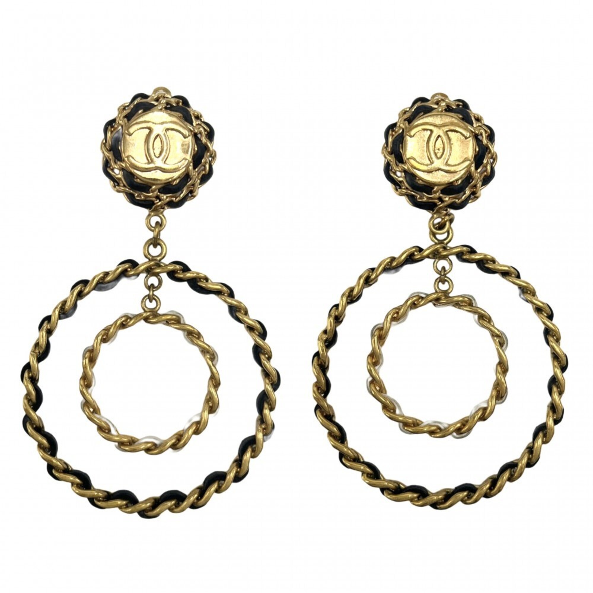 Chanel Earrings for Women, Coco Mark Swing Accessory, Chain, CHANEL GP Leather 93C, Black with Gold