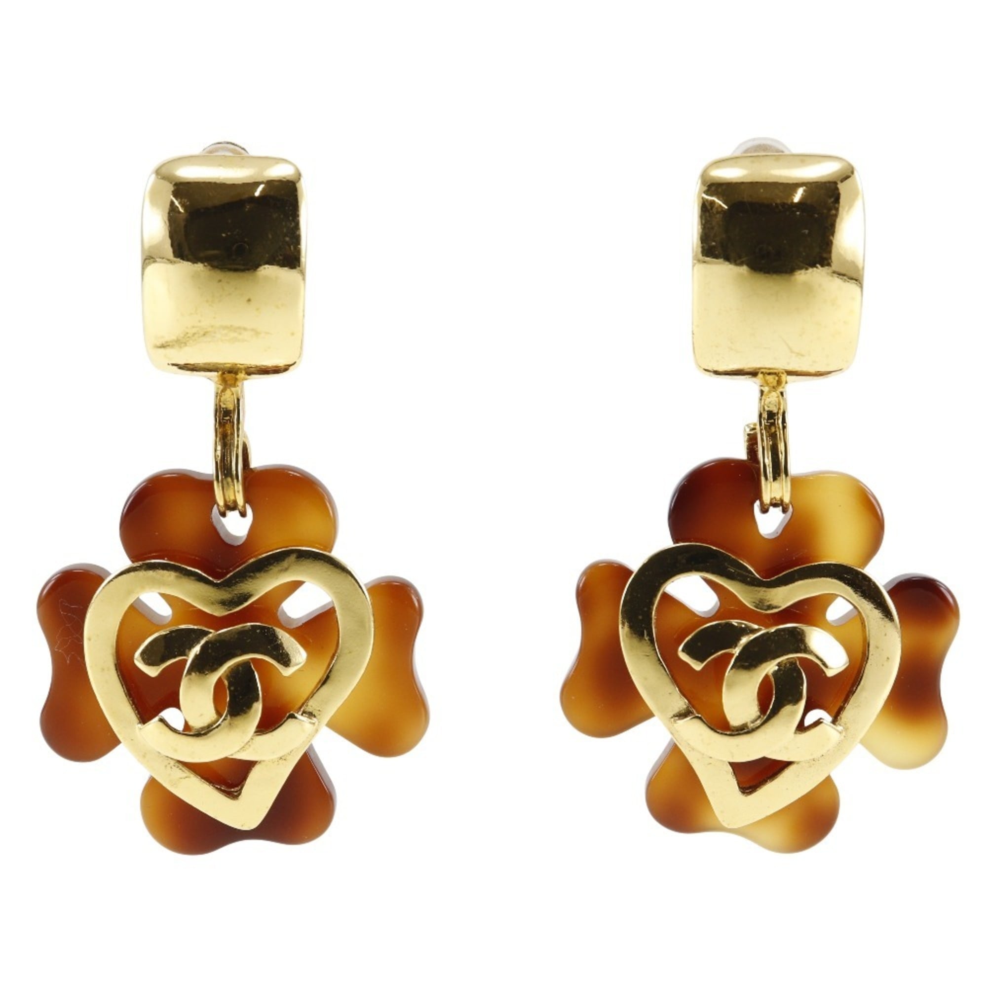 CHANEL Coco Mark Heart Earrings Clover Gold Plated x Plastic 1995 Brown 95P Approx. 36.0g COCO Women