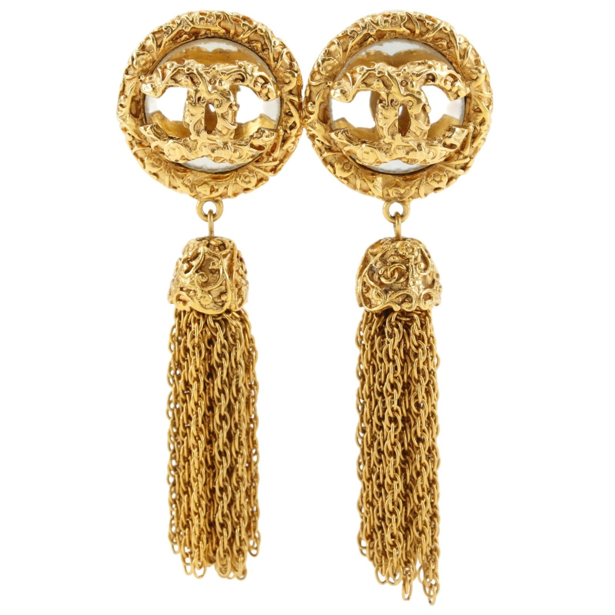 Chanel Coco Mark Earrings, Fringe Tassel Chain, Gold Plated, 1993, Model 93A, Approx. 50.6g, Women\'