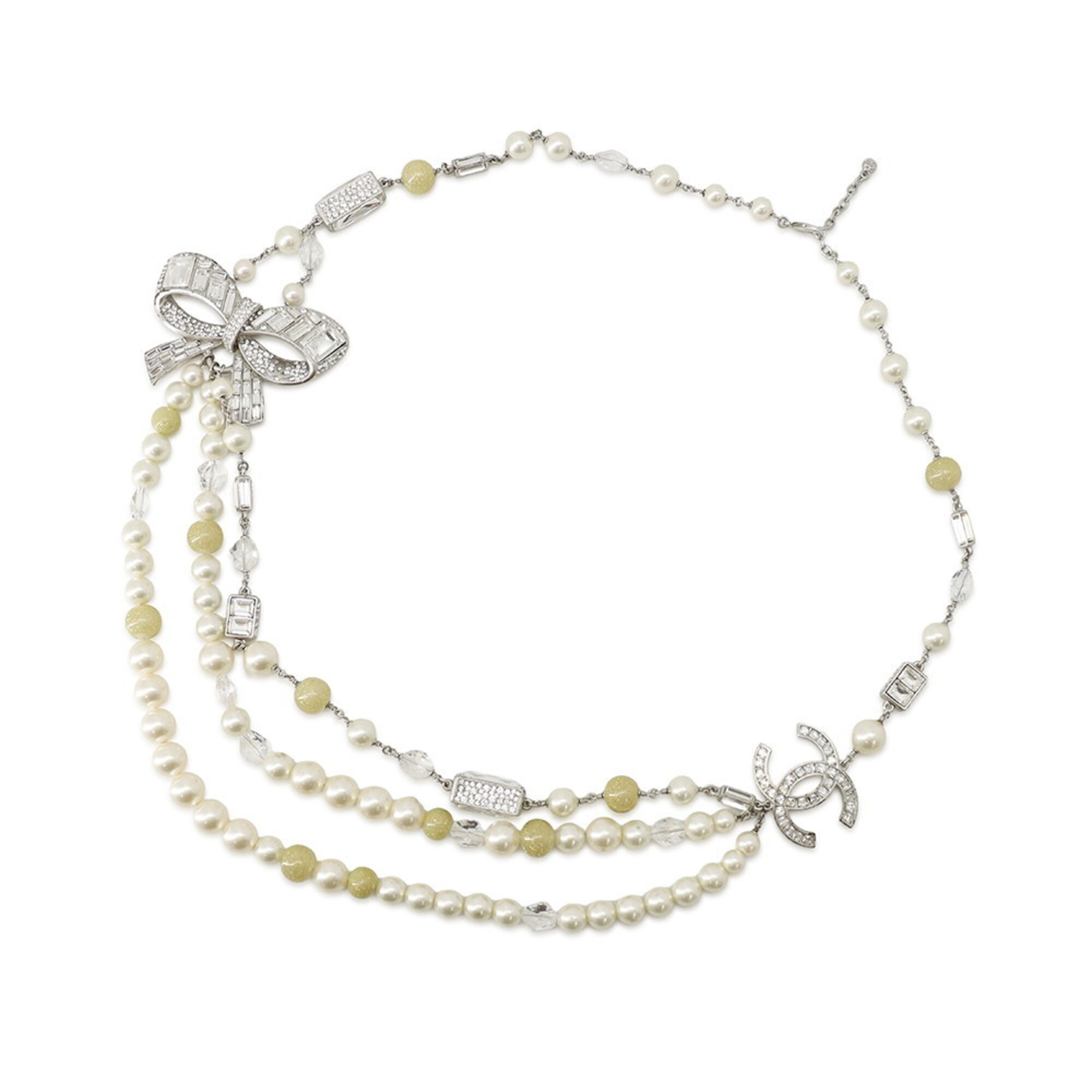 Chanel Necklace, Coco Mark Ribbon Motif, Rhinestones, Faux Pearl, 08 P CHANEL NECKLACE