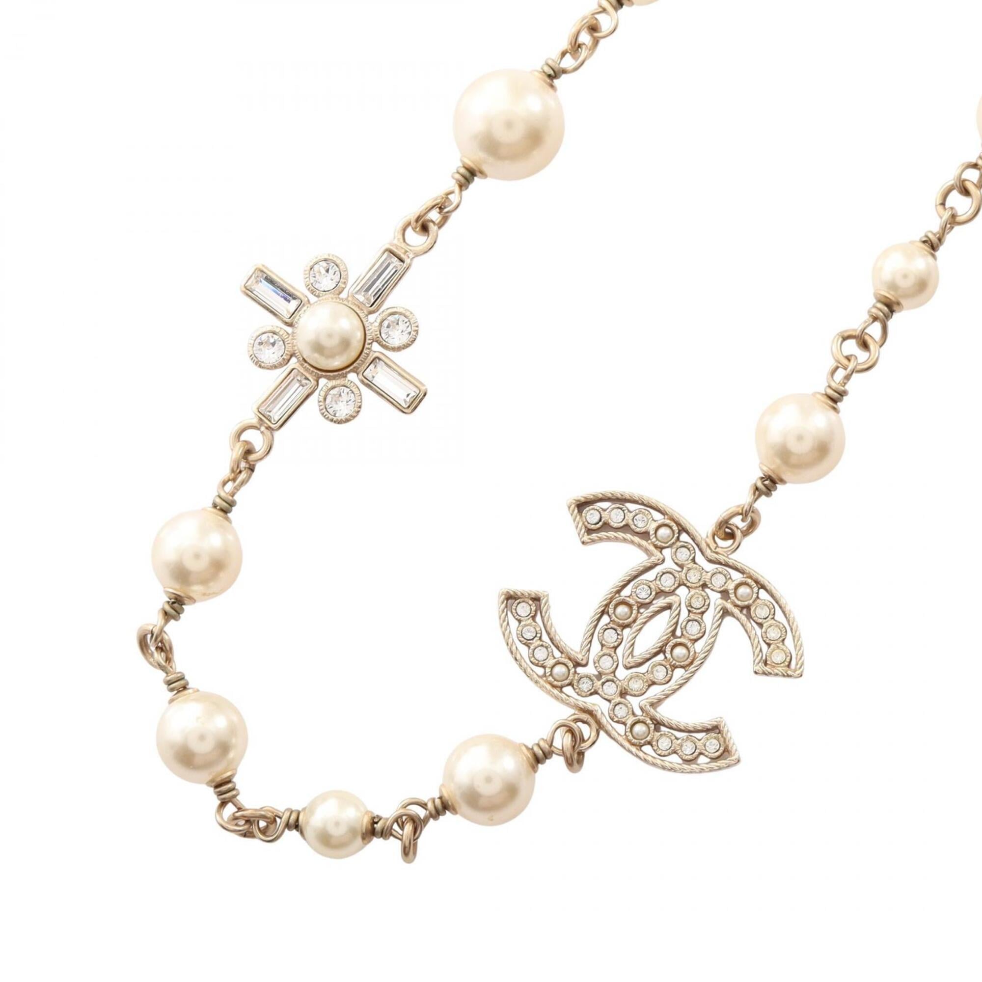Chanel B20V Coco Mark Necklace Jewelry GP (Gold Plated) Faux Pearl Rhinestone Women\'s Gold Tone Whi