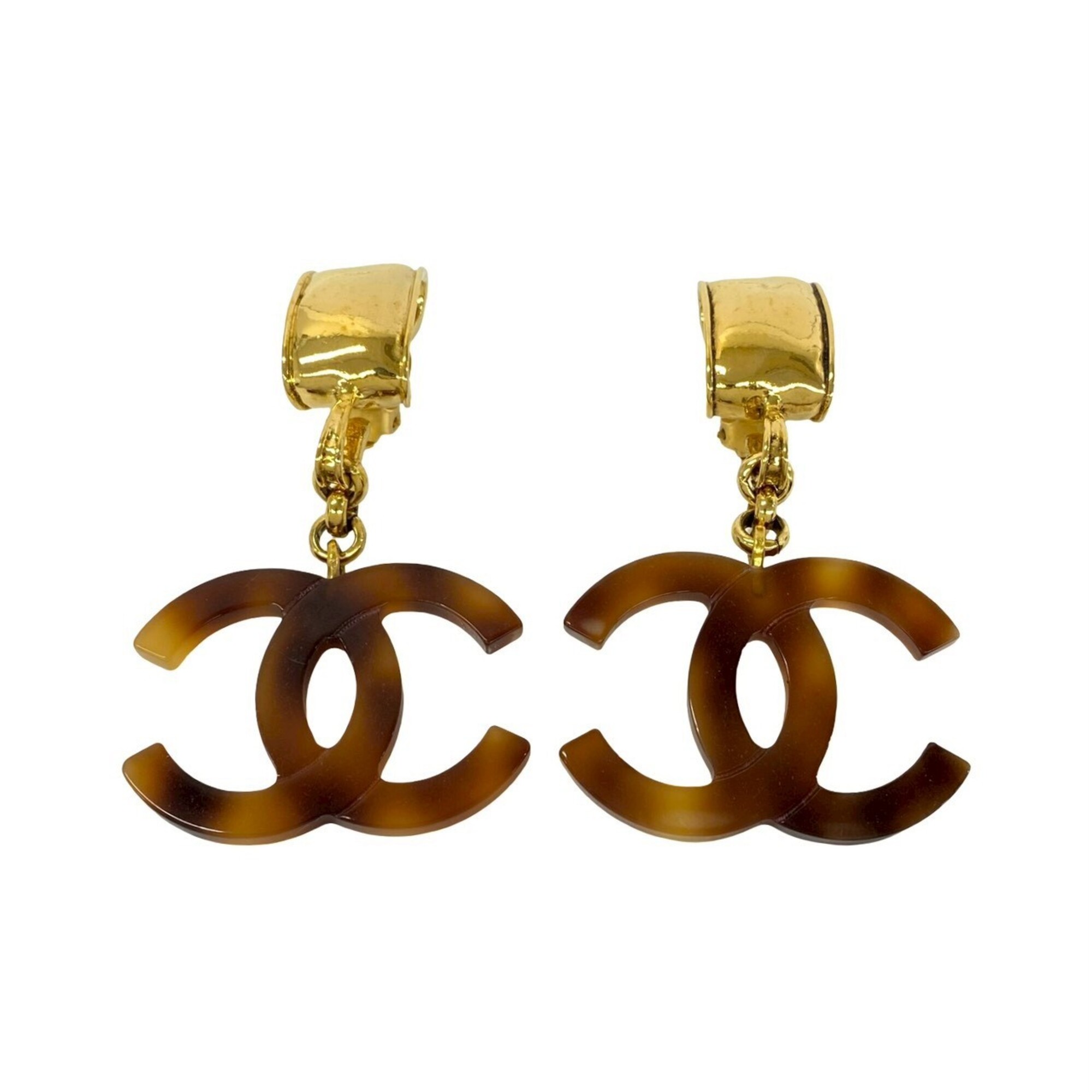 CHANEL Coco Mark Tortoiseshell Pattern Plastic GP Earrings, Brown, 497cb
