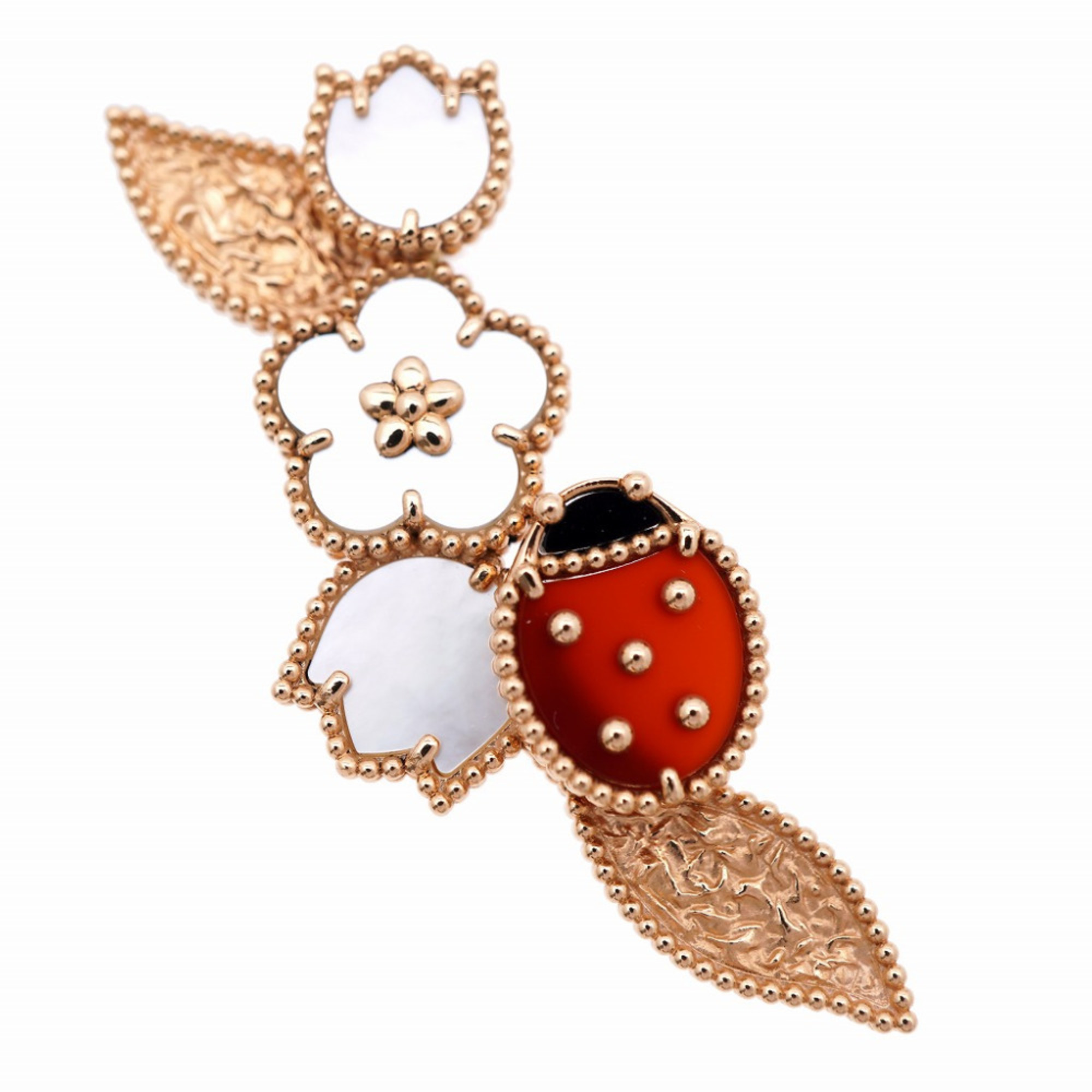 Like New Van Cleef & Arpels Lucky Spring Clip Brooch VCARP7RS00 18KPG Onyx Carnelian Mother of Pearl