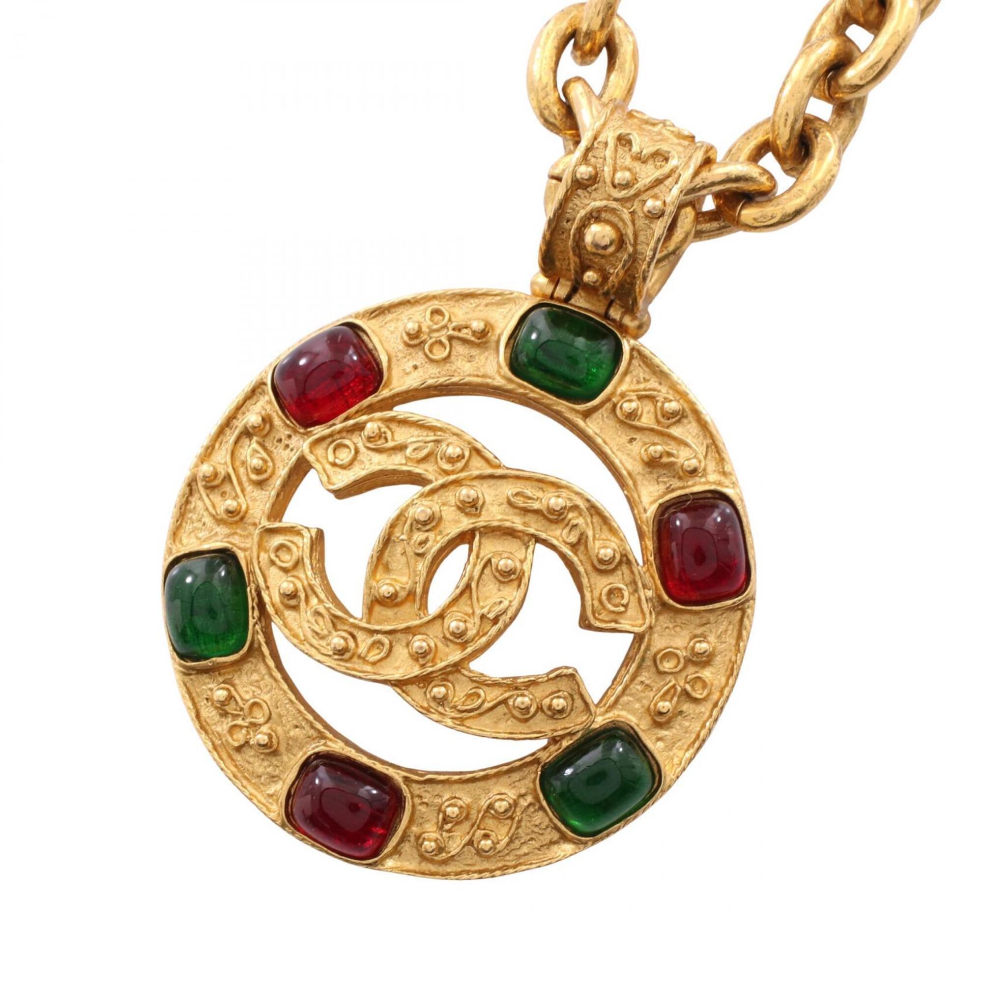 Chanel Coco Mark Gripoix Necklace, Gold Plated (GP) Rhinestone Necklace for Women, Gold, Green, Red