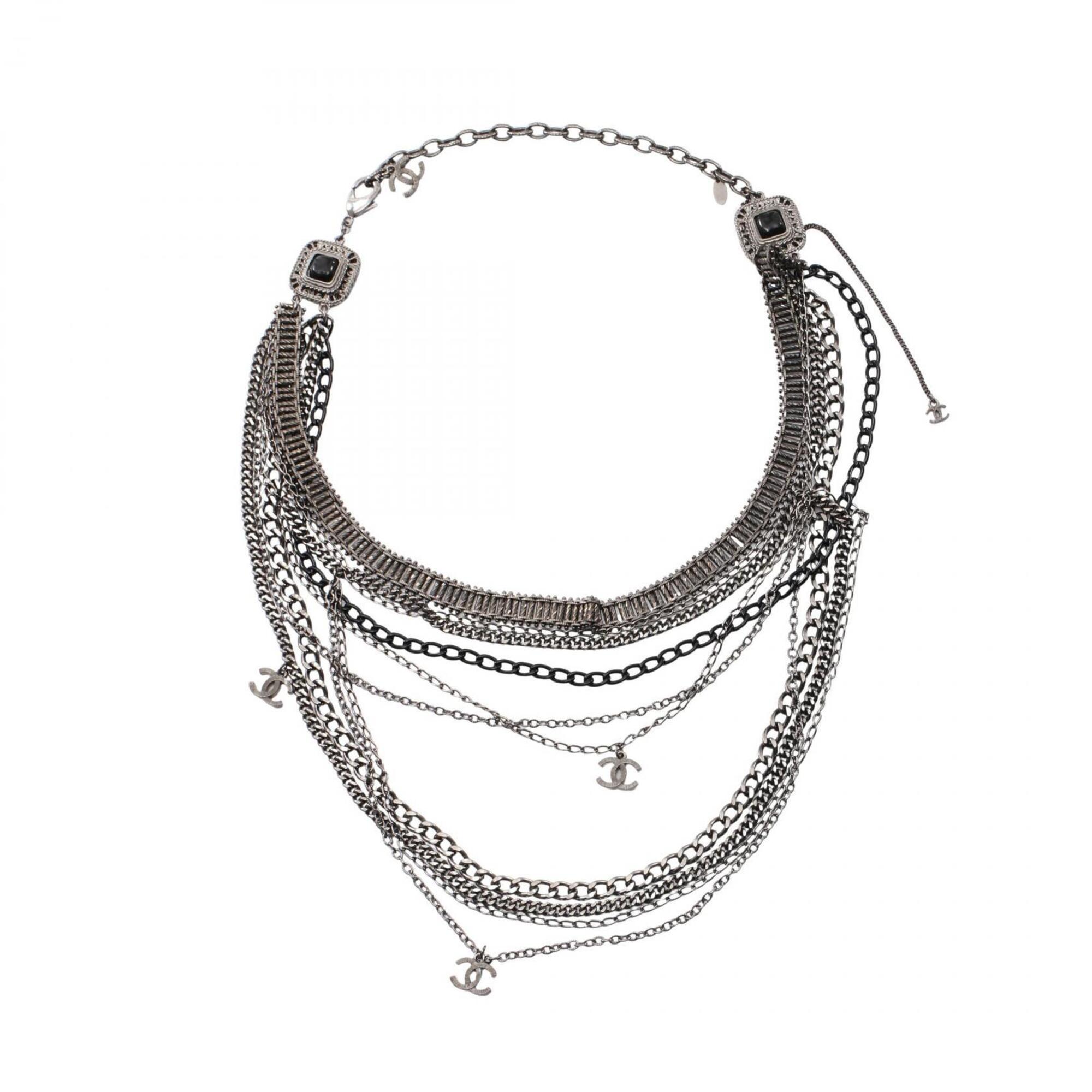 Chanel Coco Mark 10-strand Necklace, Metal Jewelry, Women\'s, Silver/Black