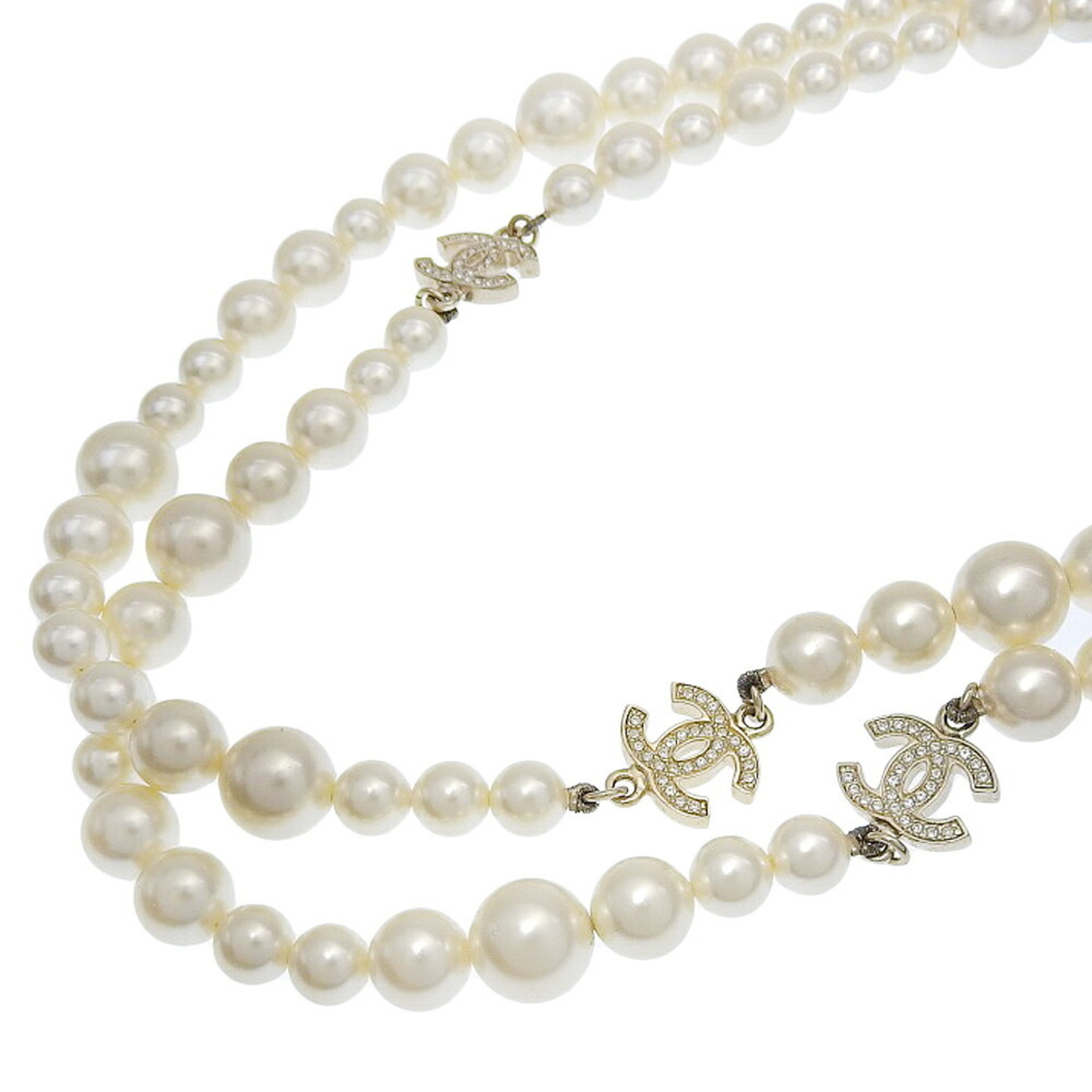 Chanel CHANEL Long Necklace A13P GP Faux Pearl Coco Mark Rhinestone