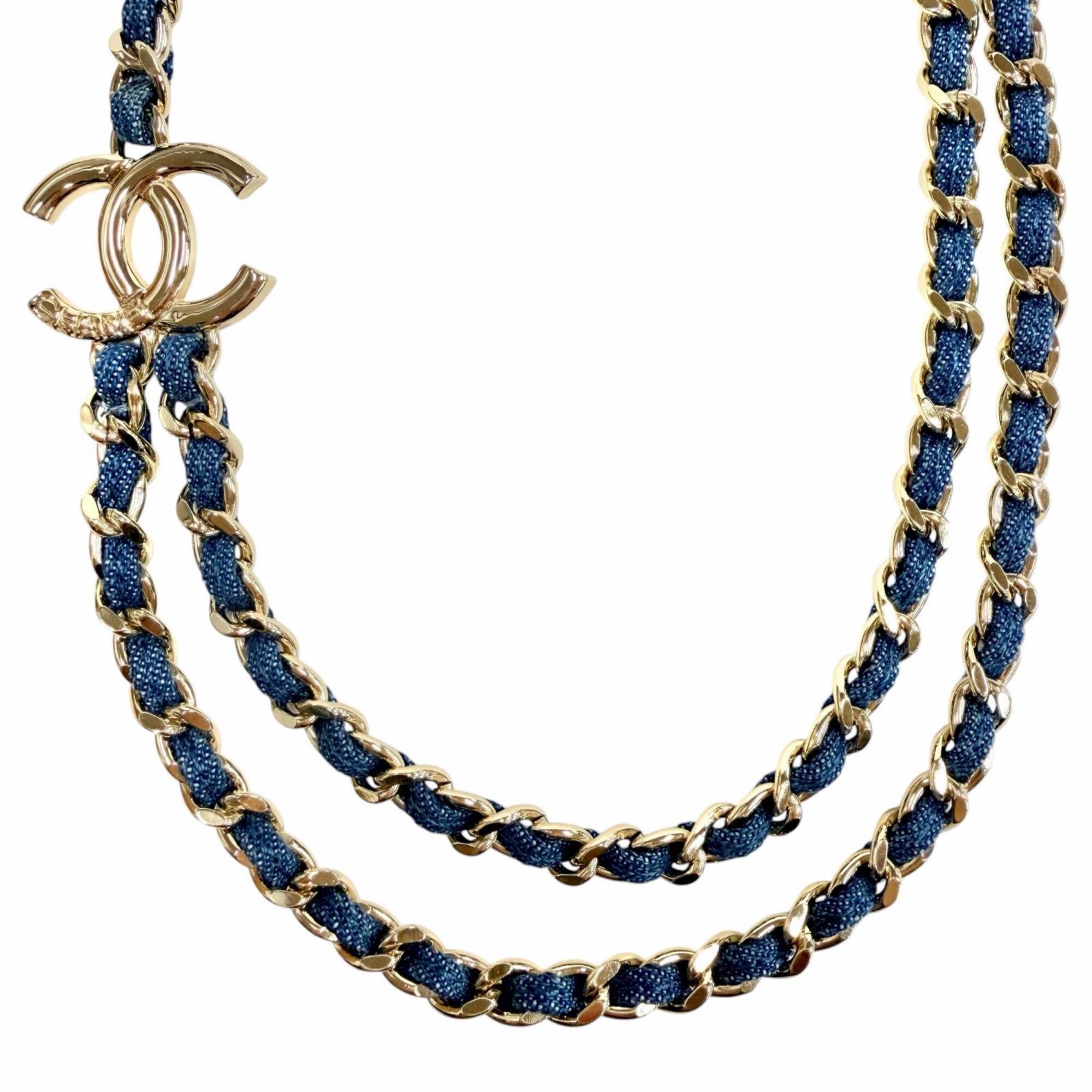 CHANEL B25P ABF163 Coco Mark Double Chain Necklace, Blue with Gold Hardware, Made in Italy, Women\'s