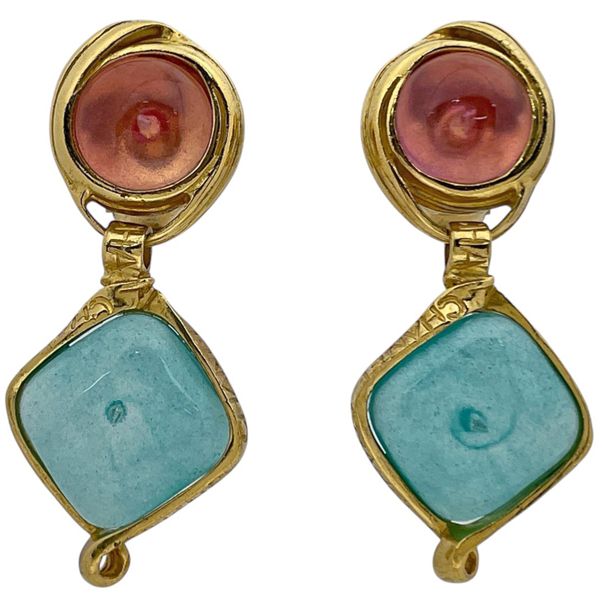 Chanel CHANEL Earrings Swing Gripoix GP Colored Stone Gold Pink Blue Women\'s
