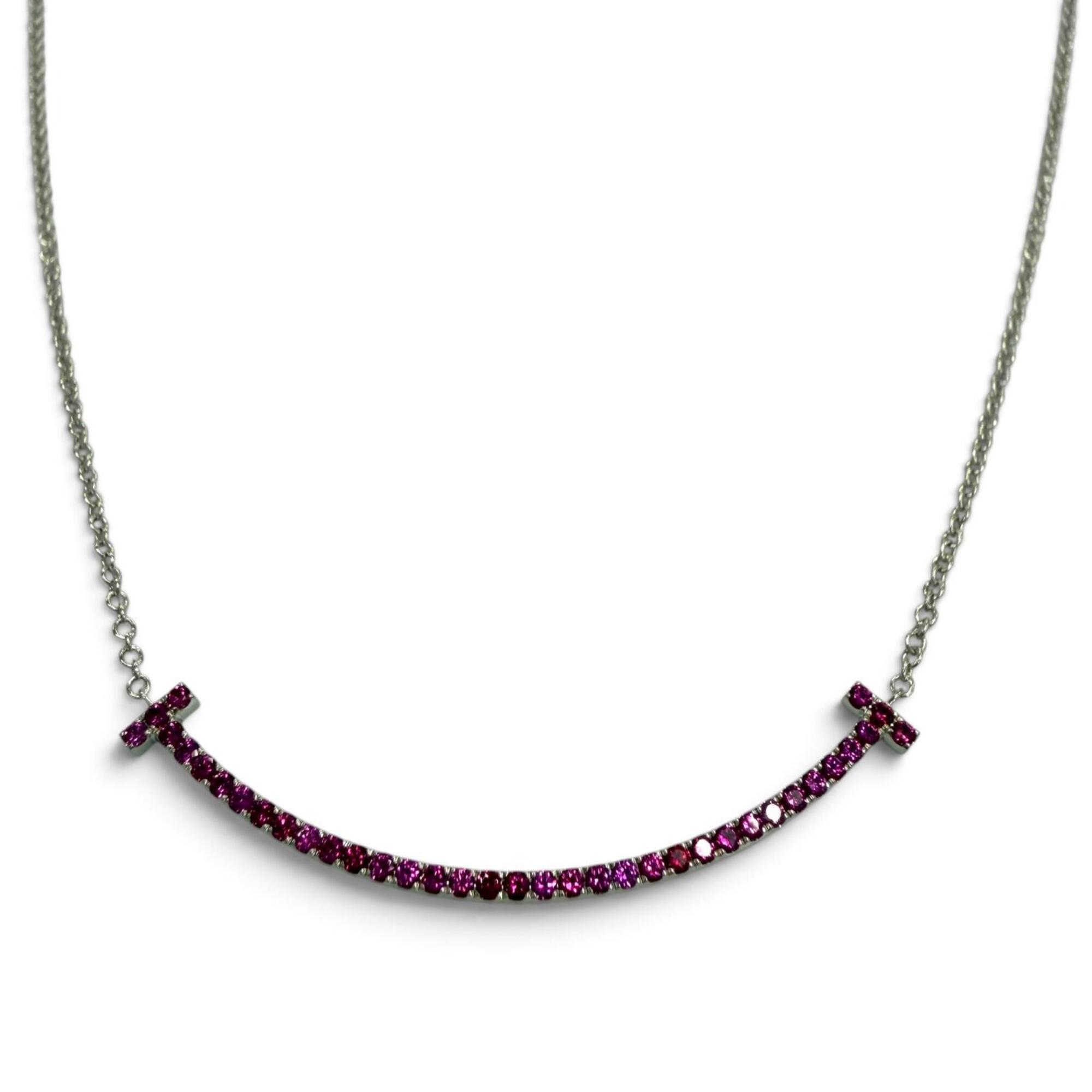 TIFFANY&Co. Tiffany T Smile Small AU750 (WG) Pink Sapphire Necklace, White Gold, Weight 2.61g, Women