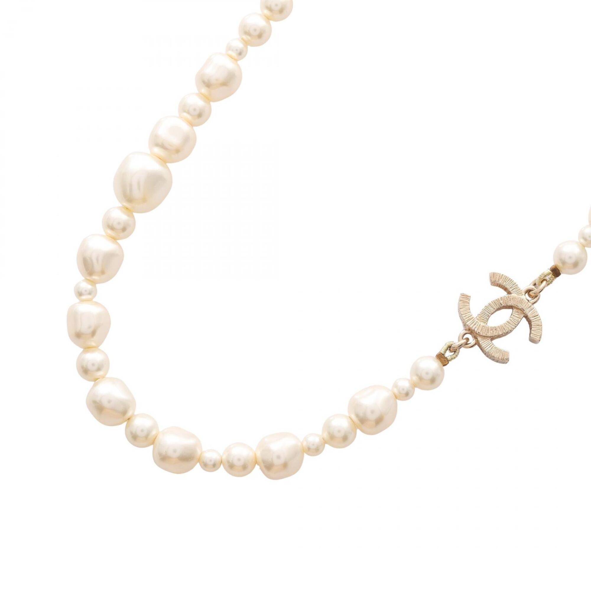 Chanel 12C Coco Mark Necklace, Gold Plated (GP), Faux Pearl, Women\'s, White/Gold Tone