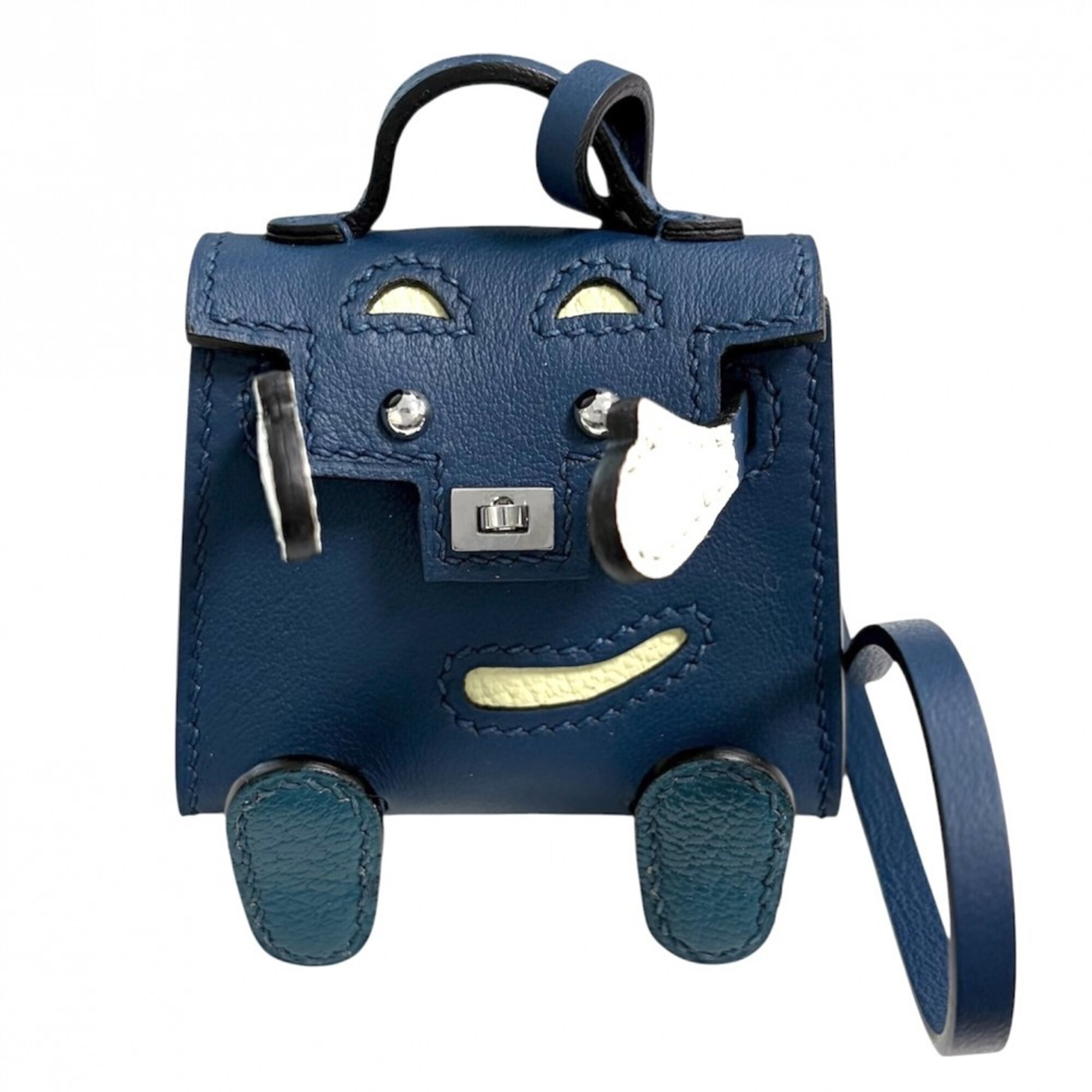 Hermes Keychain for Women, Bijou de Sac Kelly Doll Bag Charm, HERMES U Stamp, Leather, Navy, Silver
