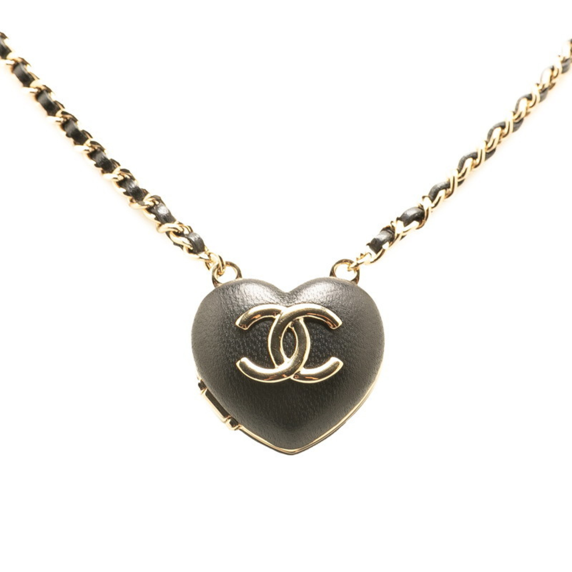 CHANEL Coco Mark Heart Mirror Locket Pendant Necklace in Black and Gold Lambskin for Women