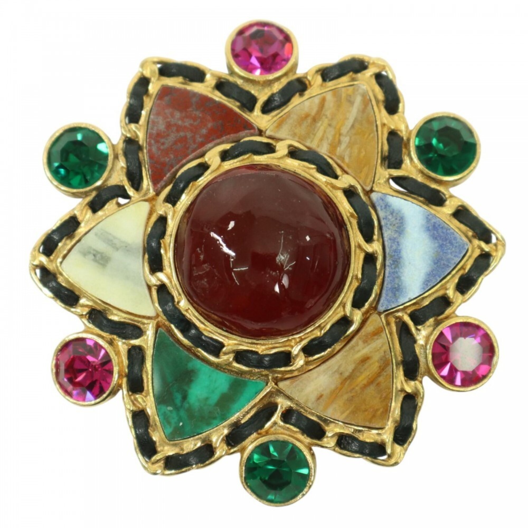 Chanel Brooch for Women, Gripoix Stone, Coco Mark, Vintage, Accessory, CHANEL GP Leather 95A Gold, M