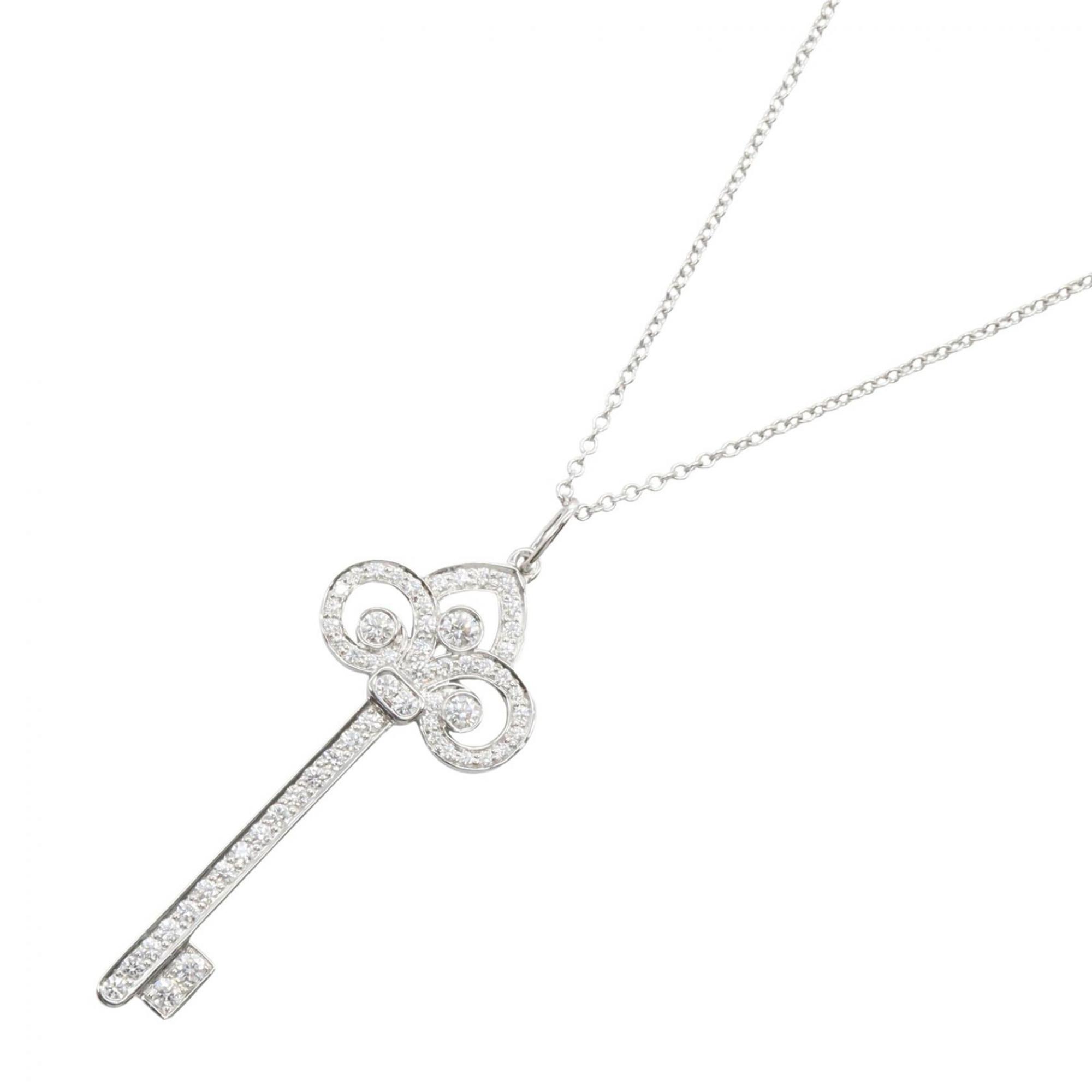 Tiffany & Co. Fleur-de-lis Key Pendant Diamond Necklace, Platinum 950, Silver Tone, Women\'s Jewelry