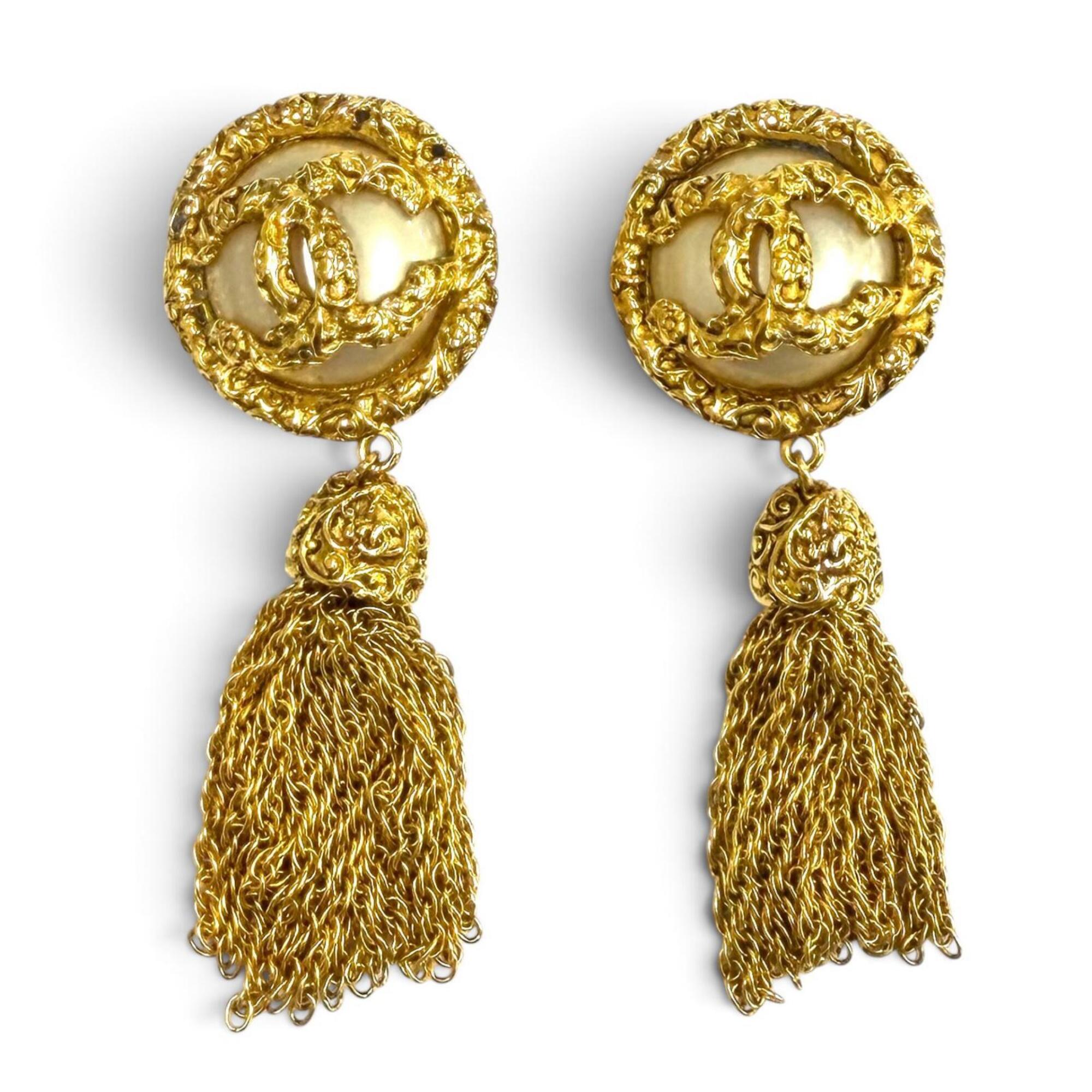 CHANEL Vintage 93A Coco Mark Lava Pearl Earrings, Gold, Made in Italy, Women\'s, with Box.