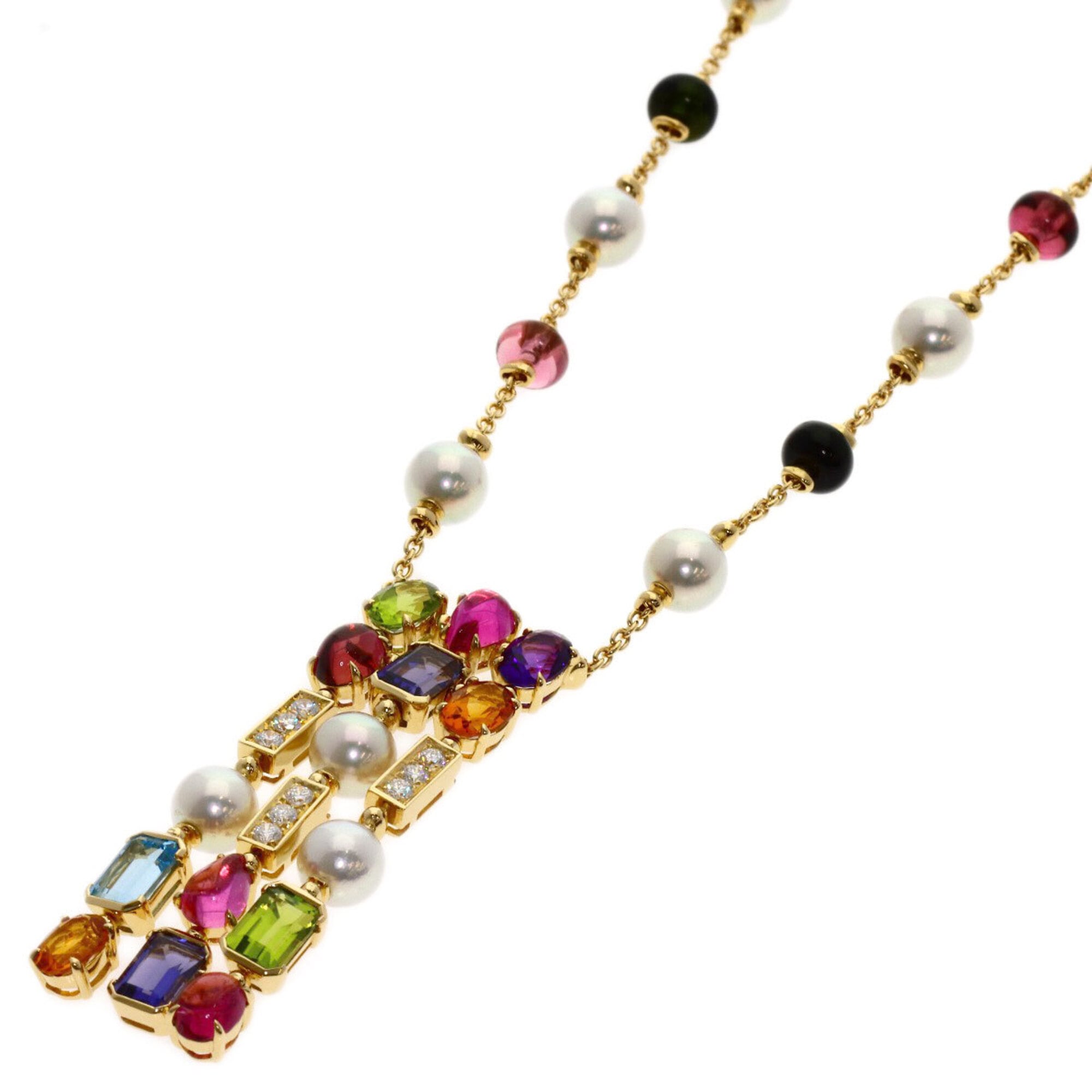 BVLGARI Allegra Multicolor Stone Pearl Diamond Necklace 18K Yellow Gold Women\'s